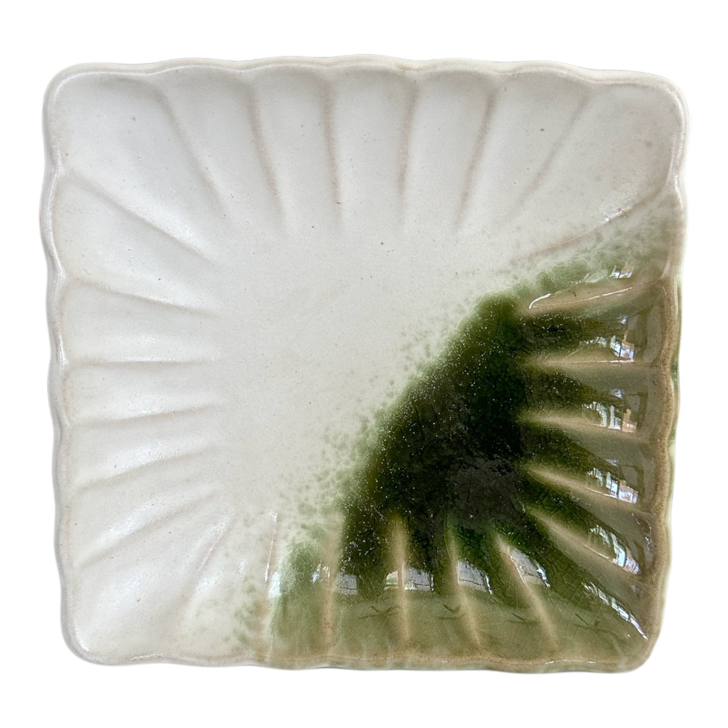 Square green grazed on white saucer Size 5.5" x 1" height