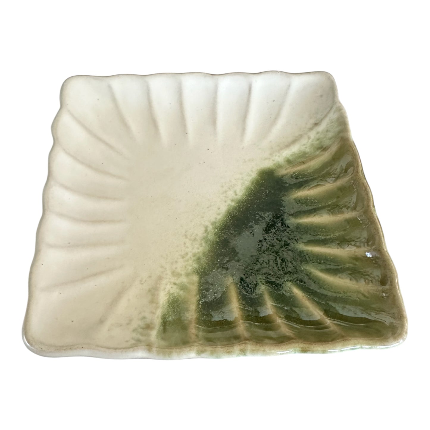 Square green grazed on white saucer Size 5.5" x 1" height