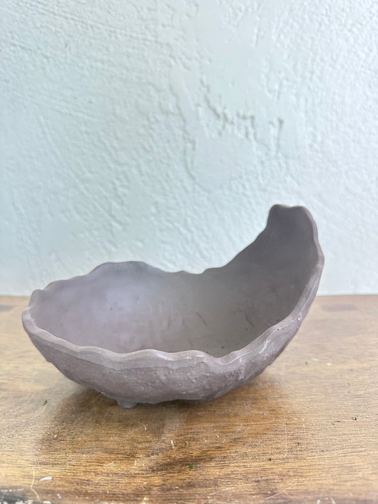 Handmade Wabi Sabi Bonsai Pot, Unglazed Raw Clay Kokedama Planter, Footed Crescent Cascade Succulent Bowl, Crested Ceramic Tray 7" x 5.5"
