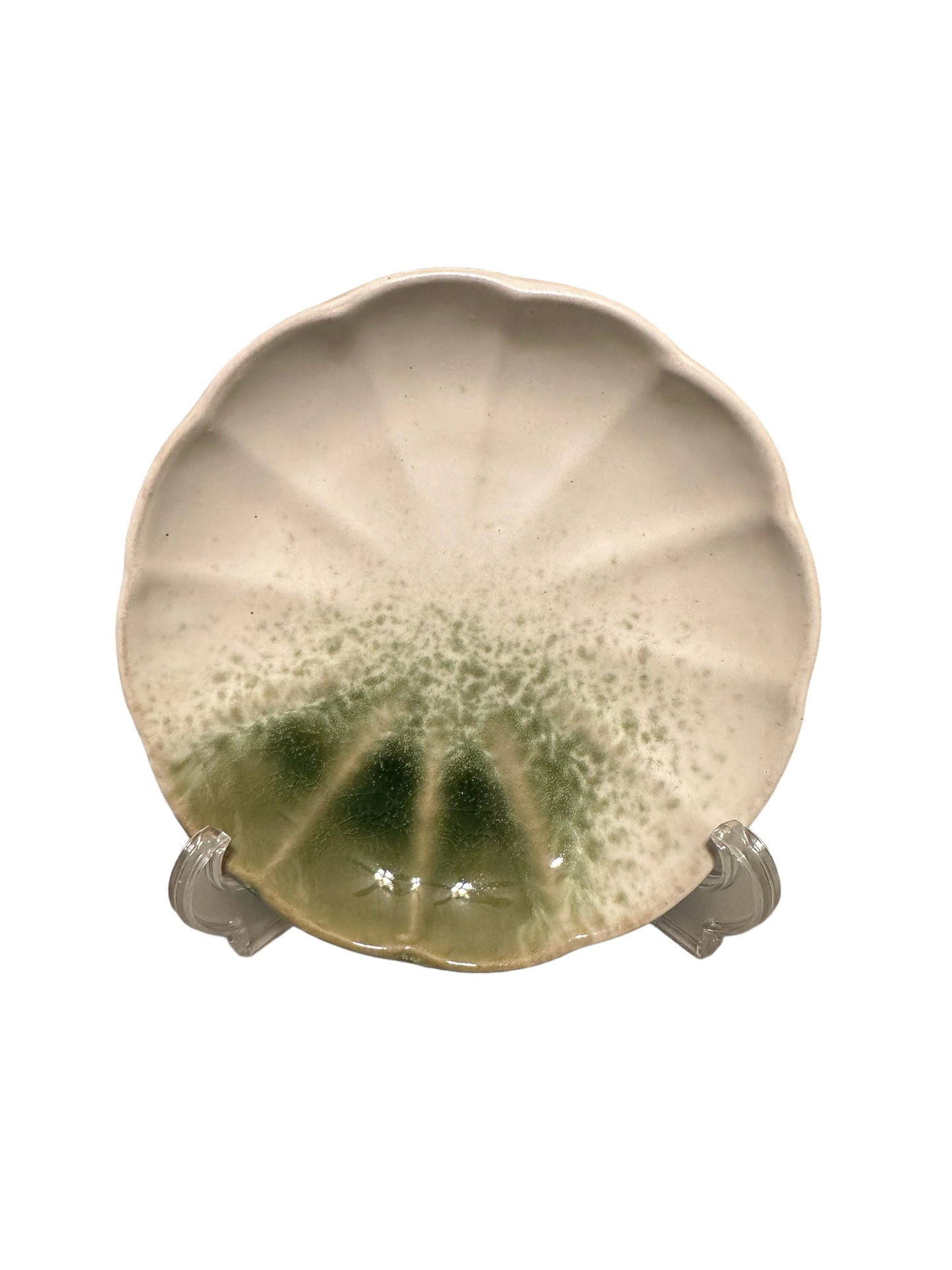 Round green grazed on white saucer Size 6.5" x 1" height