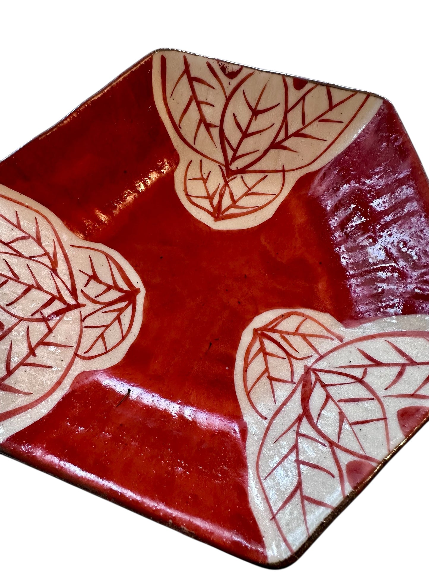 Crimson Leaf Dish – Hand-Drawn Pentagon Plate (7” Wide, 1.5" deep)