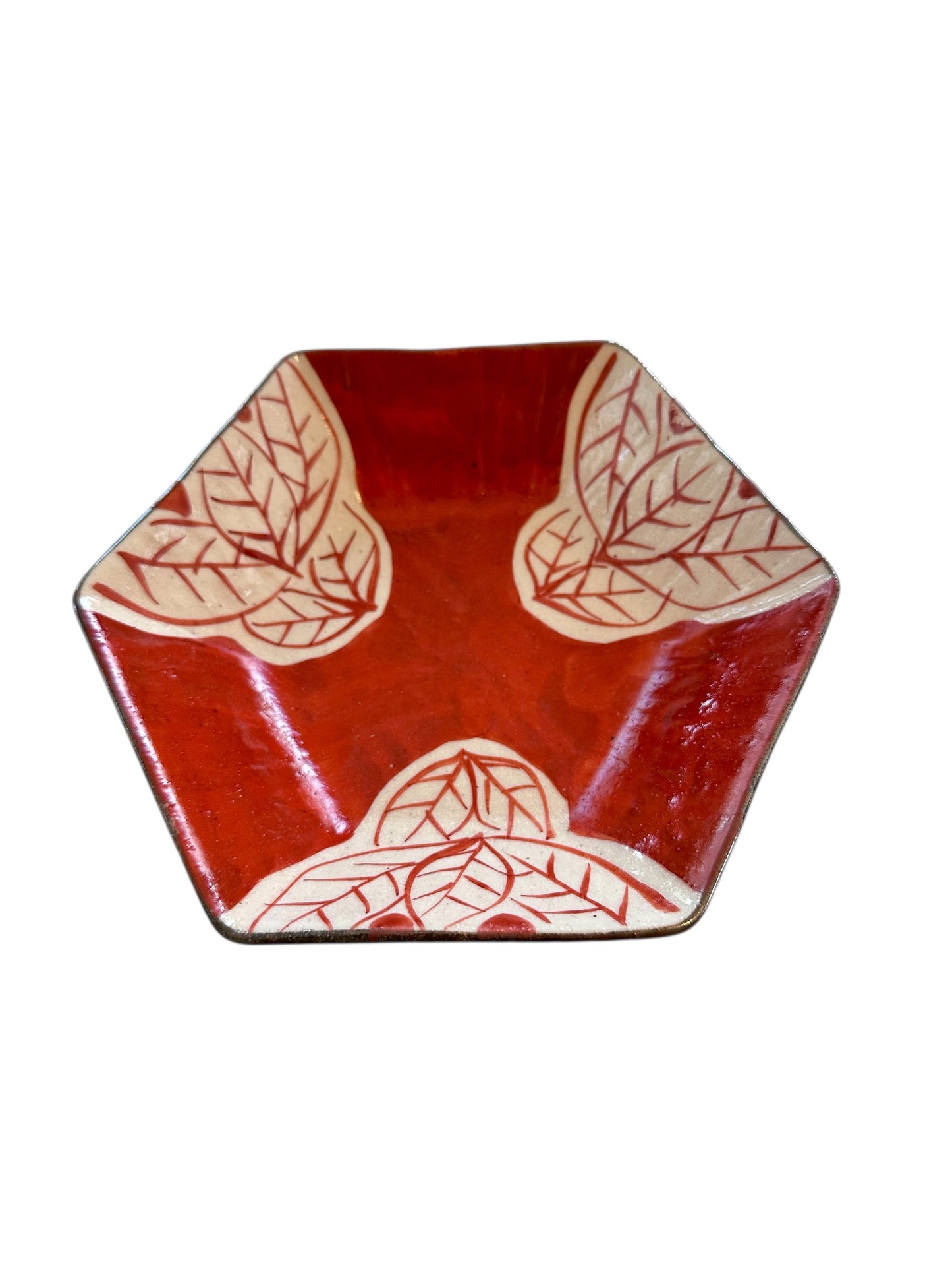 Crimson Leaf Dish – Hand-Drawn Pentagon Plate (7” Wide, 1.5" deep)