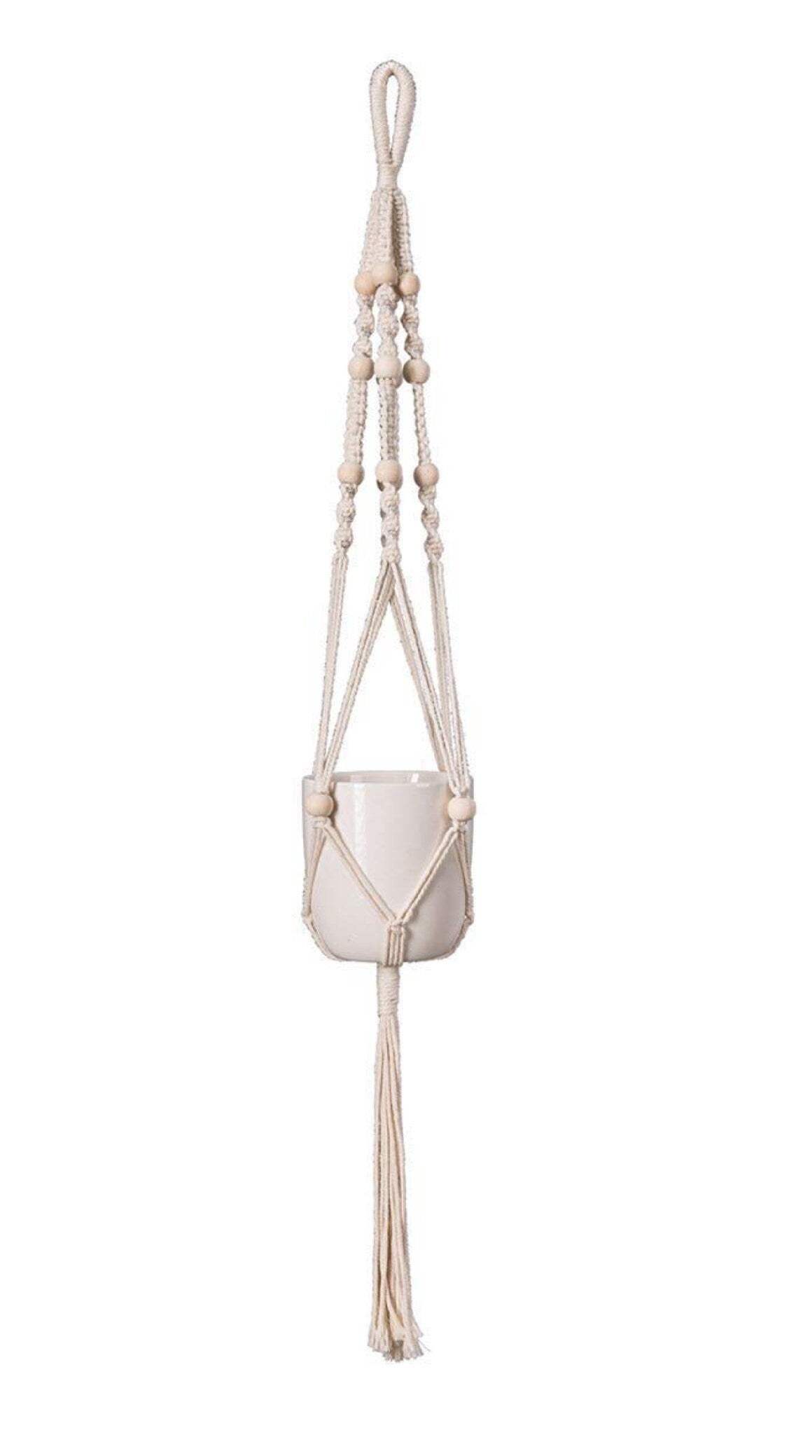 White Beaded Macrame Plant Hanger for Kokedama