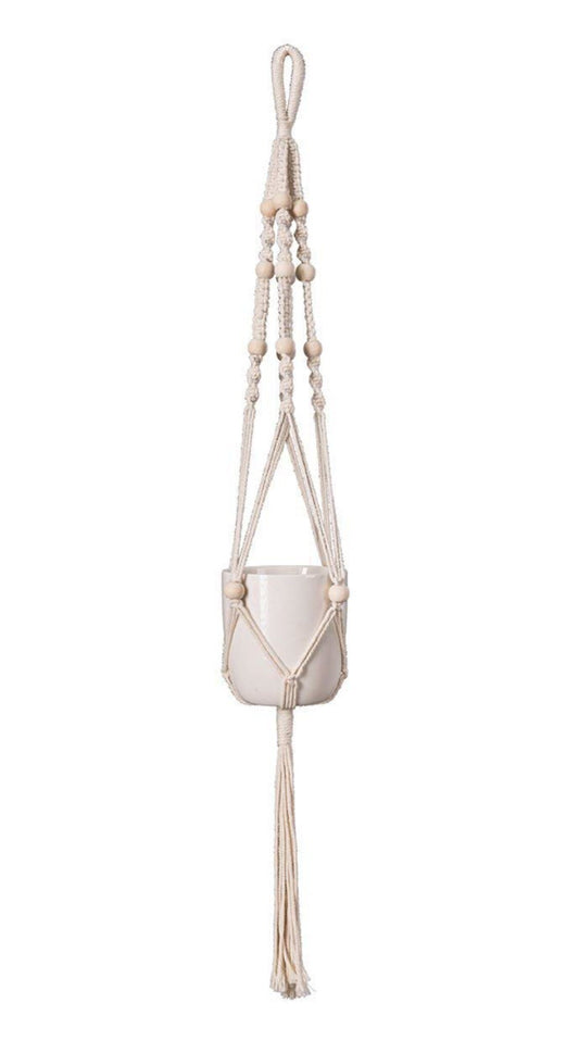 White Beaded Macrame Plant Hanger for Kokedama