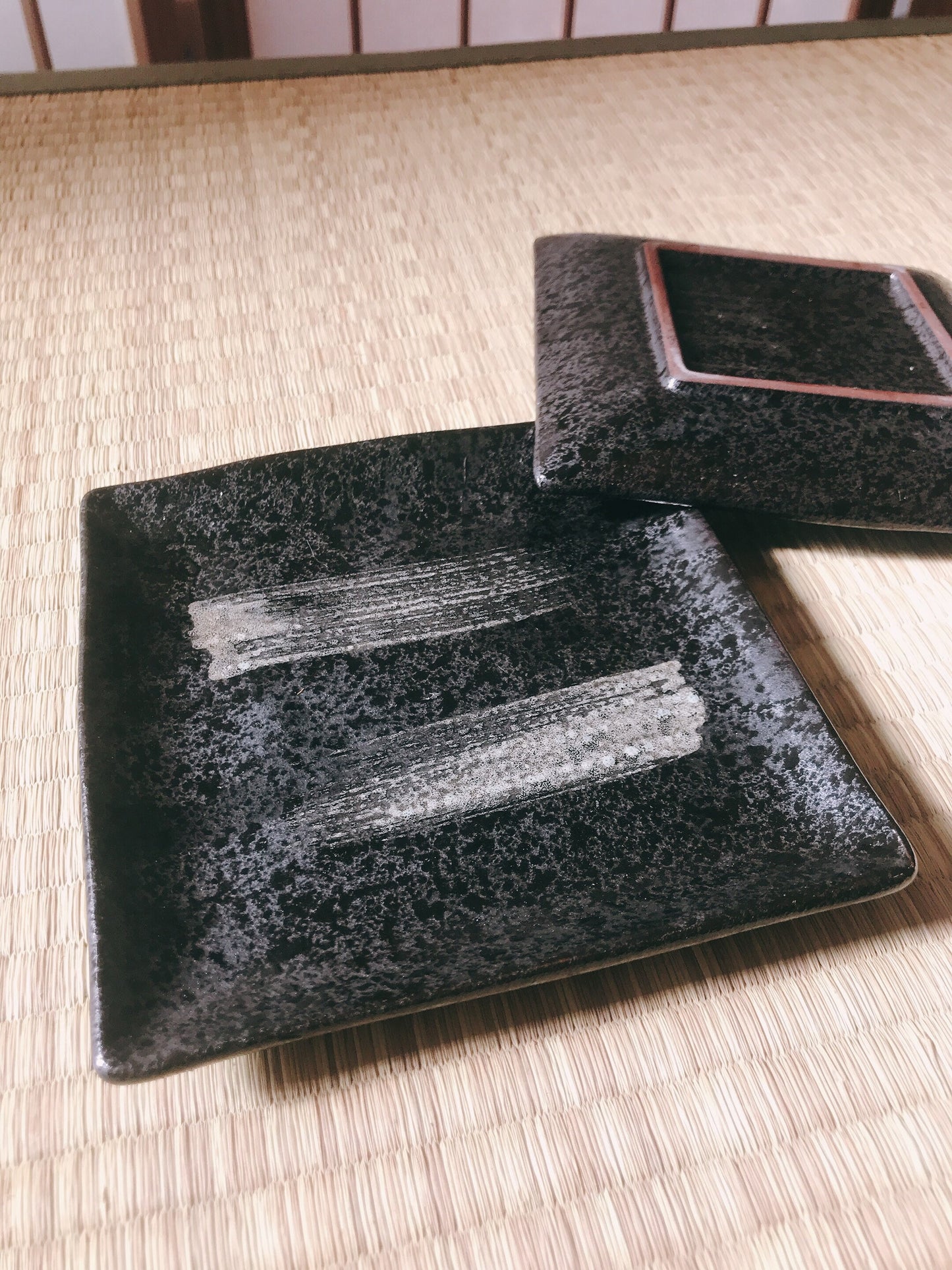 Square black grazed and paint design saucer for Small to Medium Kokedama
