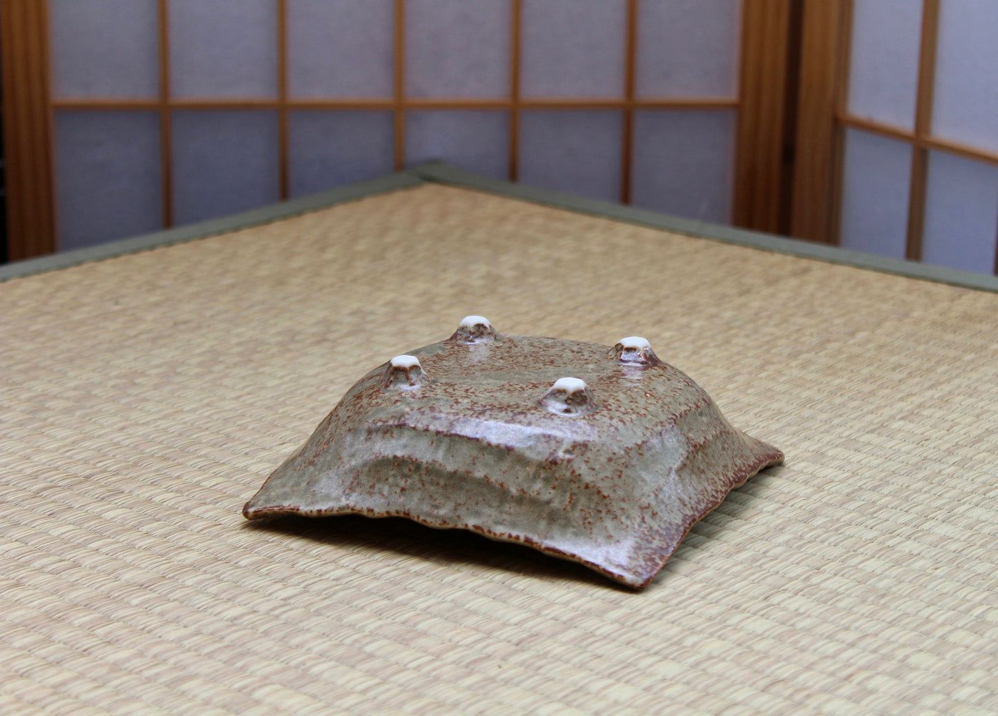 Square Grazed brown/white designed Ceramic Saucers for Medium Kokedama. 6 x 6 x 1.7 inch tall