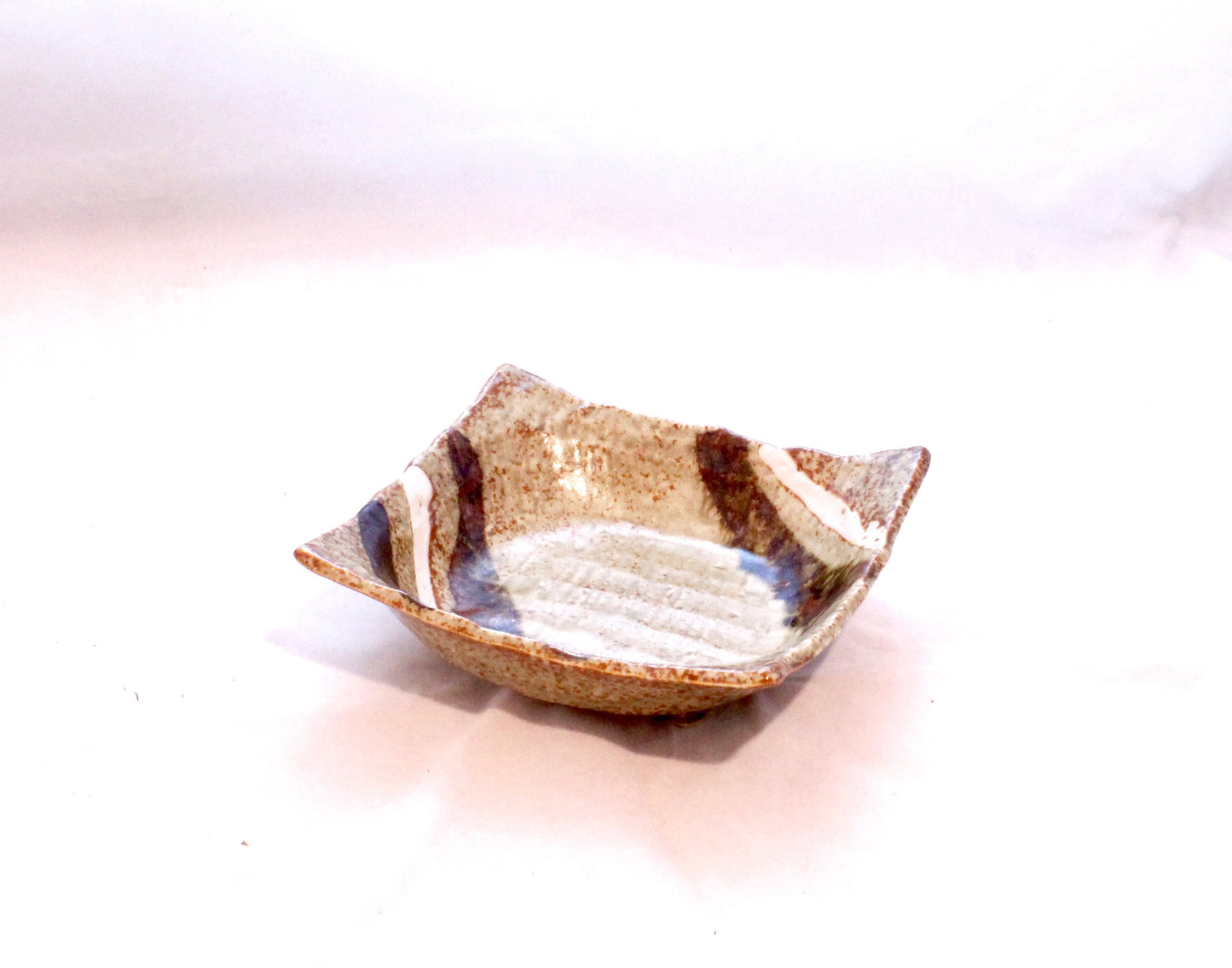 Square Grazed brown/white designed Ceramic Saucers for Medium Kokedama. 6 x 6 x 1.7 inch tall
