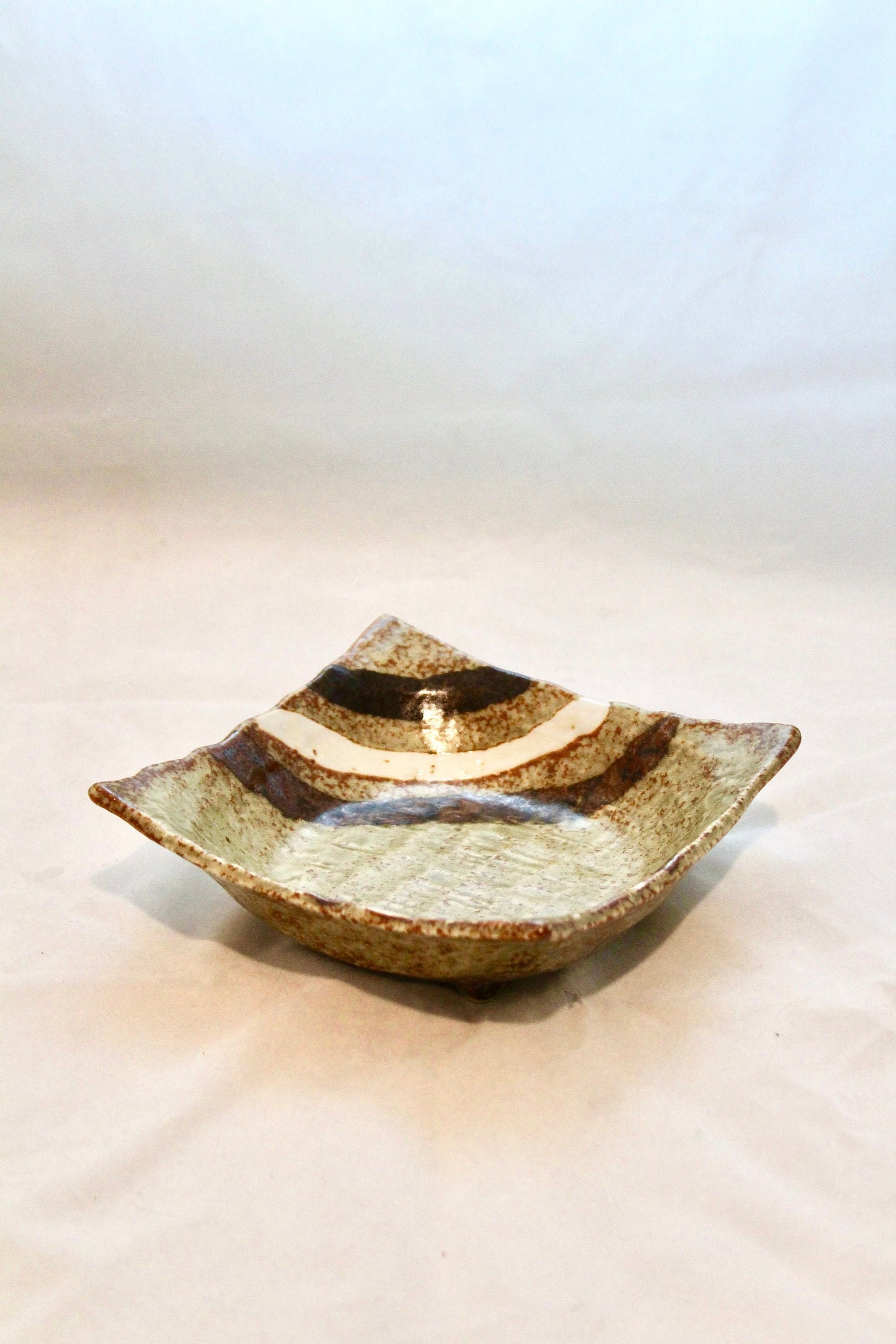 Square Grazed brown/white designed Ceramic Saucers for Medium Kokedama. 6 x 6 x 1.7 inch tall