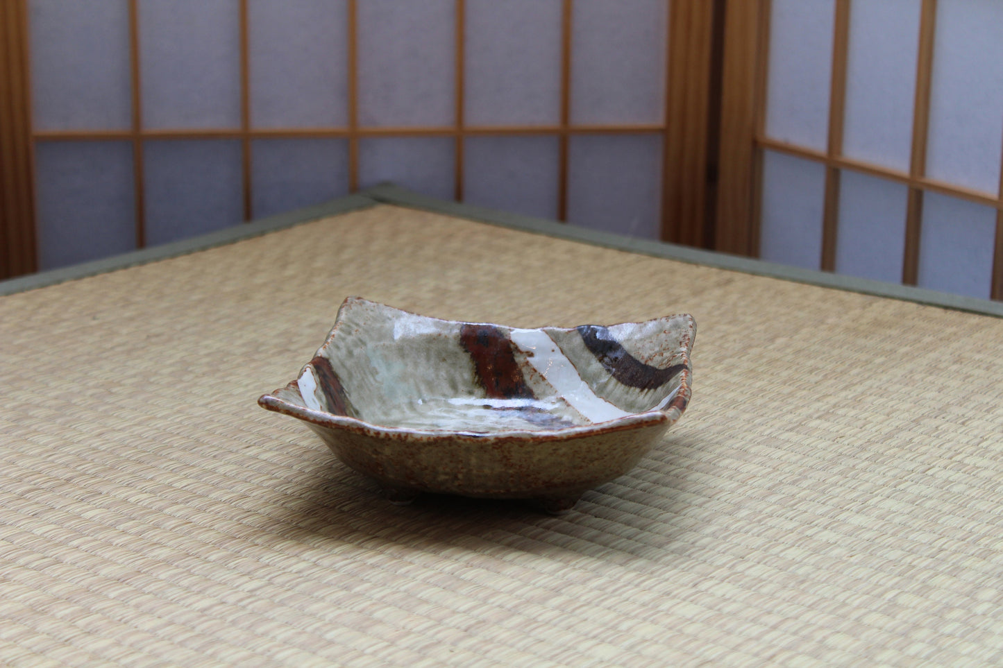 Square Grazed brown/white designed Ceramic Saucers for Medium Kokedama. 6 x 6 x 1.7 inch tall