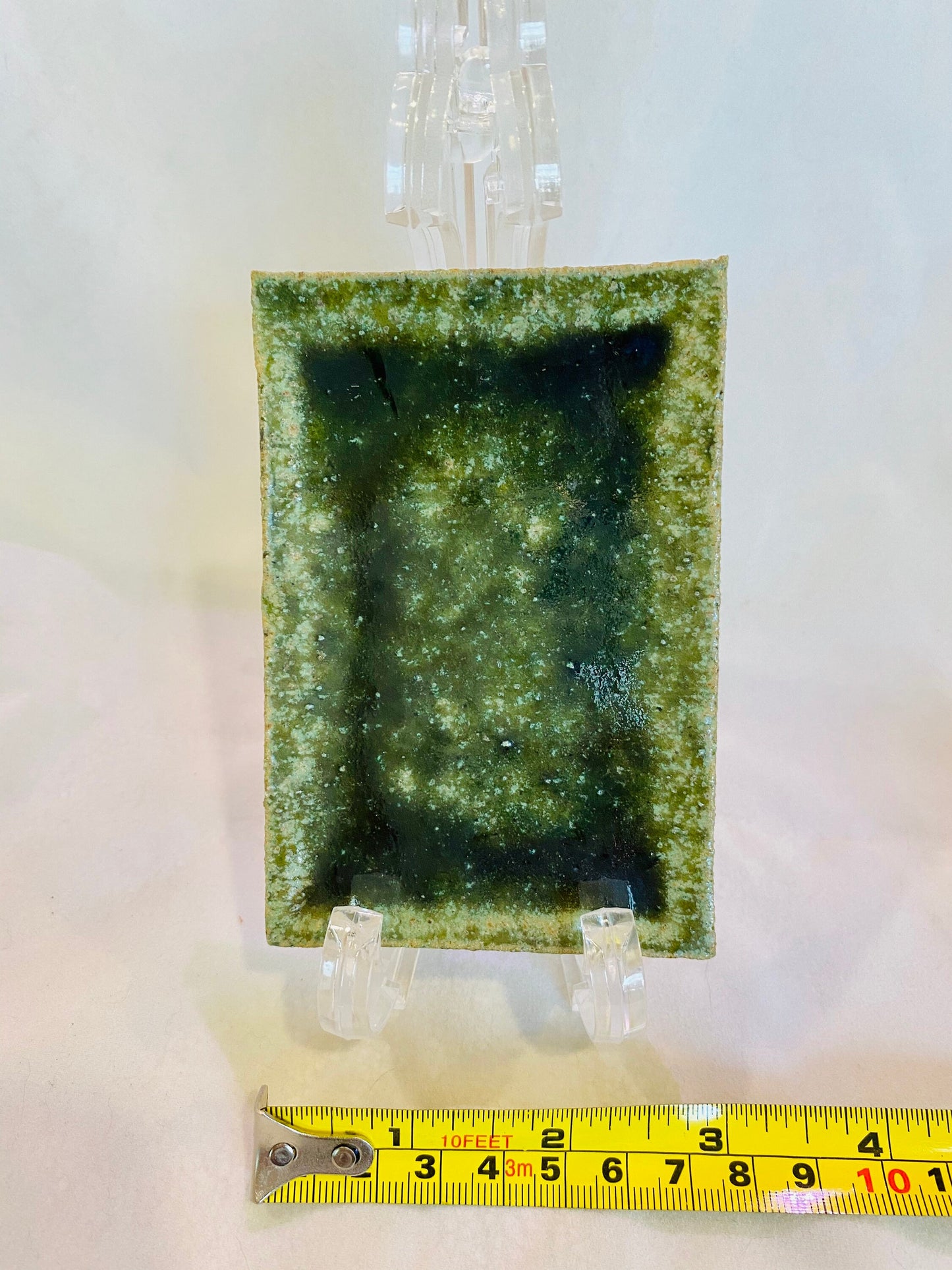 Shigaraki yaki, Japanese Ceramic Saucer, Wafu, deep green glaze, Size 4.25" x3" x 0.25"(H)