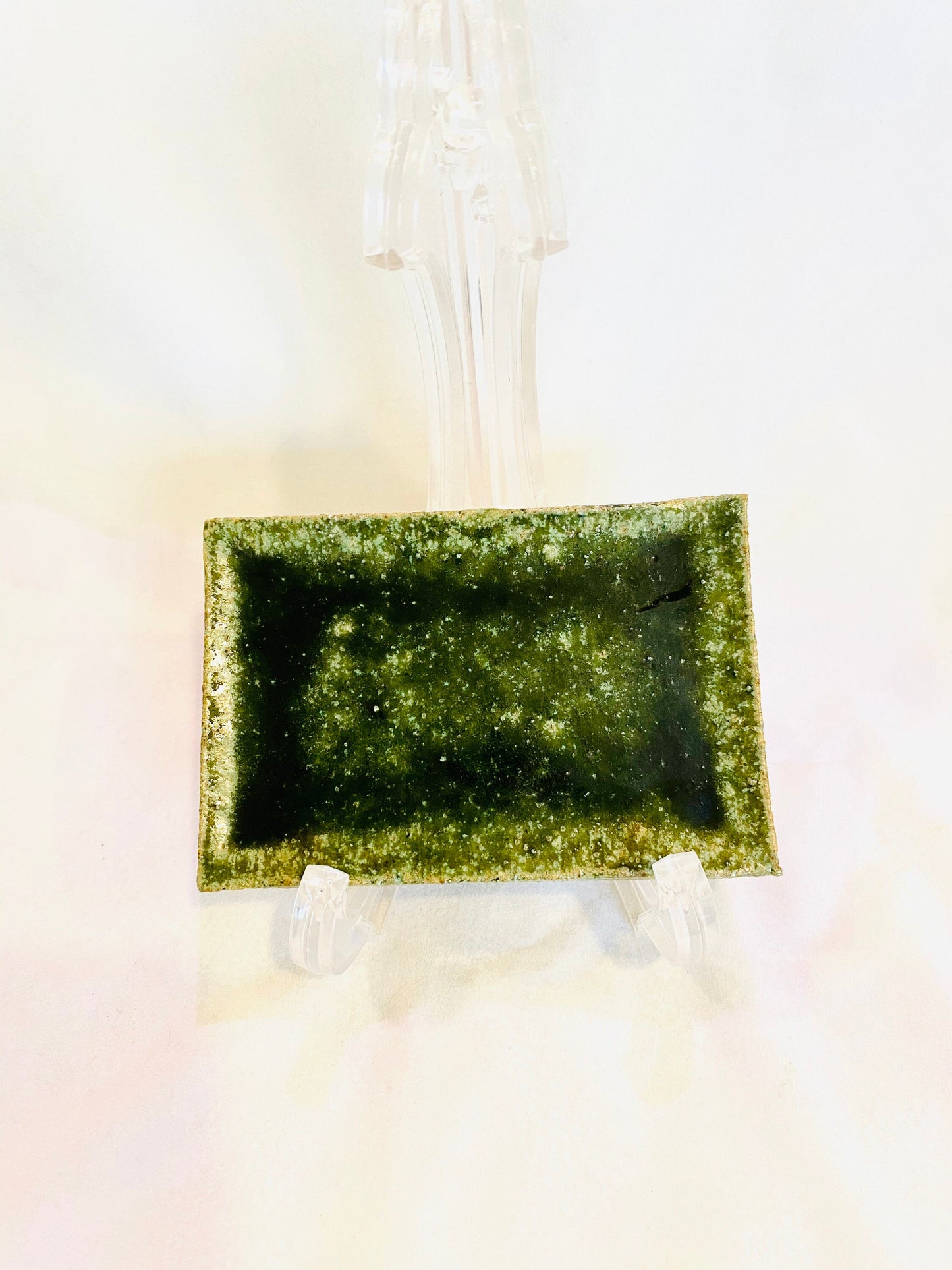 Shigaraki yaki, Japanese Ceramic Saucer, Wafu, deep green glaze, Size 4.25" x3" x 0.25"(H)
