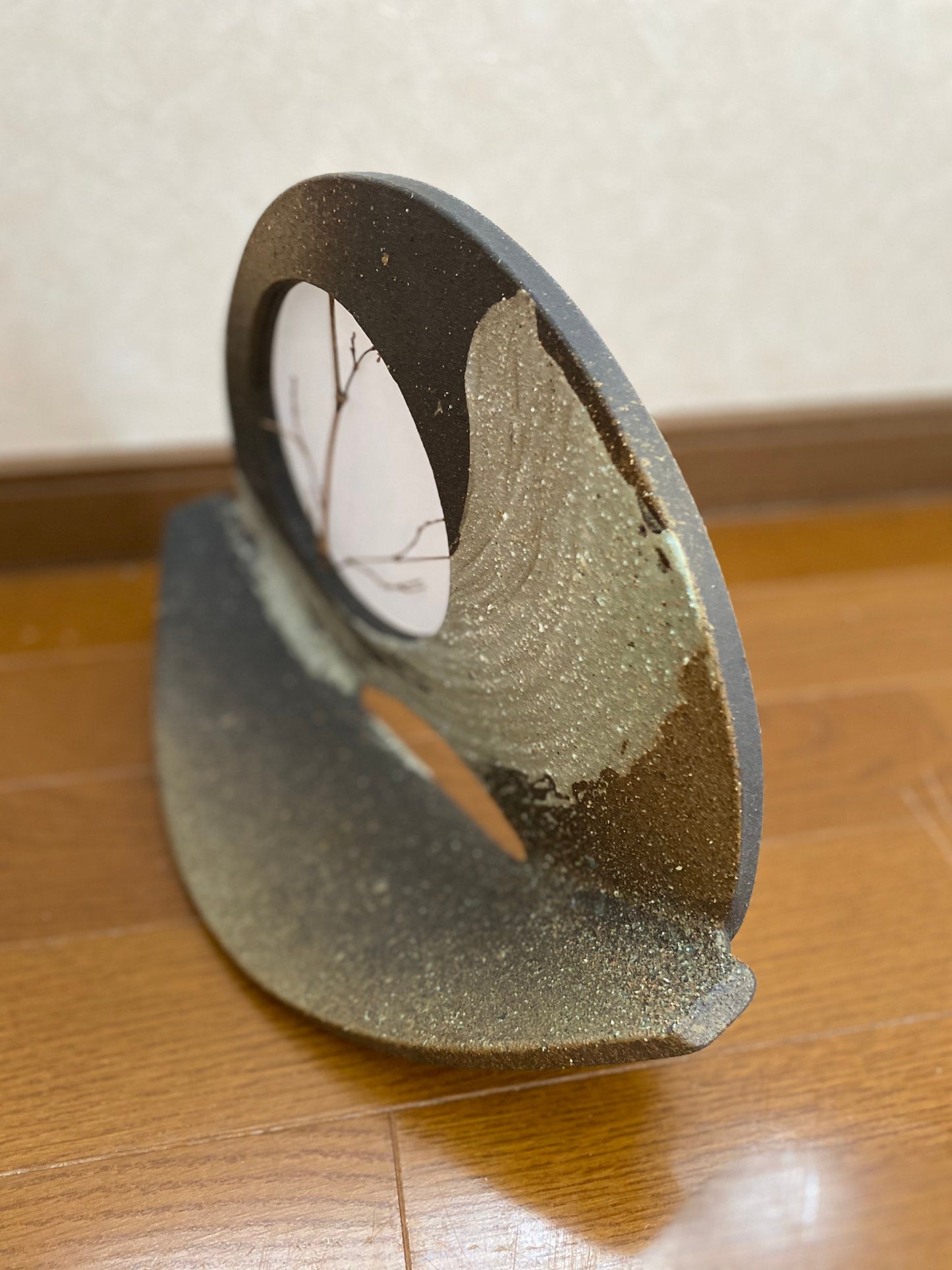 信楽焼 Kokedama decoration plate with full moon view design, Japanese Shigaraki ware with lights.