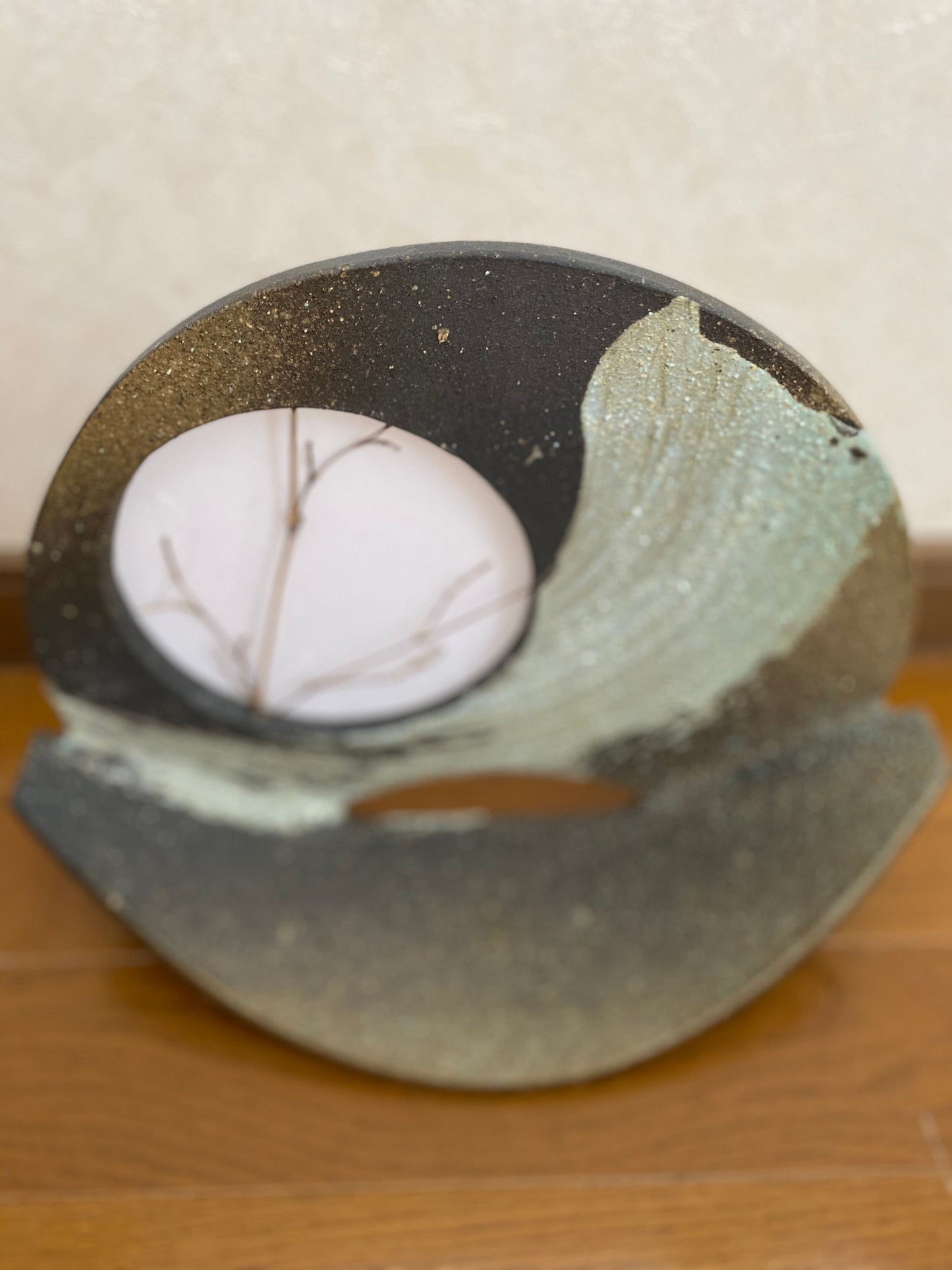信楽焼 Kokedama decoration plate with full moon view design, Japanese Shigaraki ware with lights.