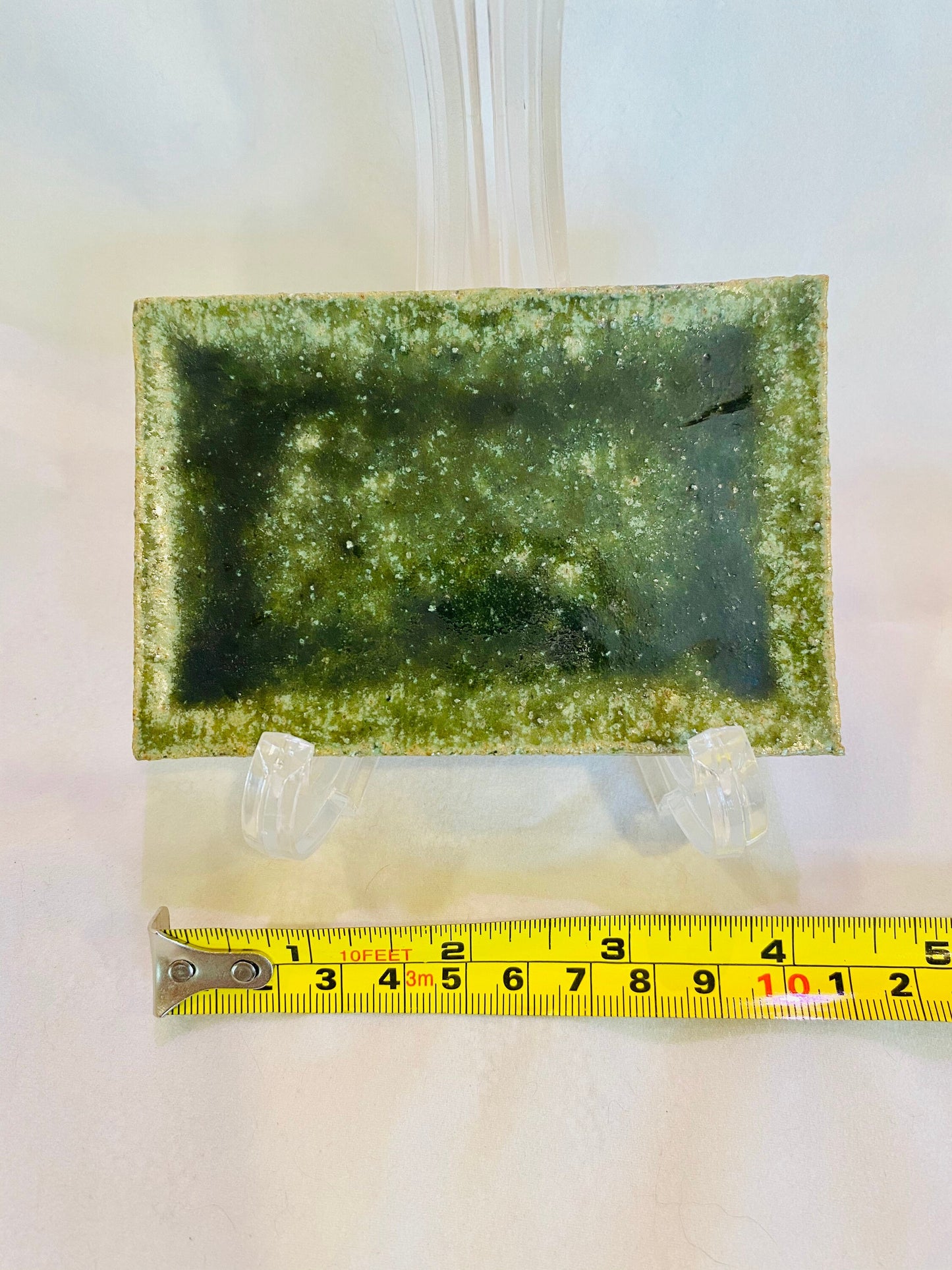 Shigaraki yaki, Japanese Ceramic Saucer, Wafu, deep green glaze, Size 4.25" x3" x 0.25"(H)