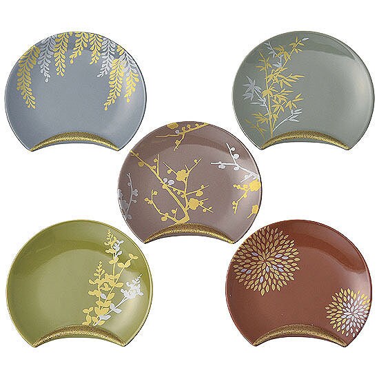 DEUXMERCI, Ceramic Saucer, shape of an ellipse, Quarter Moon, Oval. Seasonal plants design. 5.5" x 4.3" x 0.6"