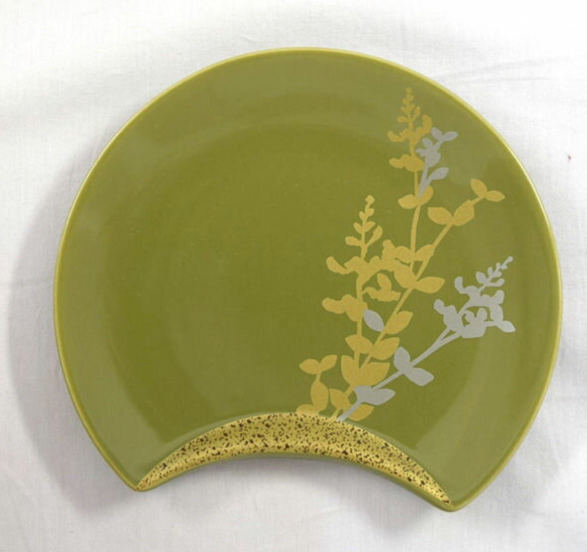 DEUXMERCI, Ceramic Saucer, shape of an ellipse, Quarter Moon, Oval. Seasonal plants design. 5.5" x 4.3" x 0.6"