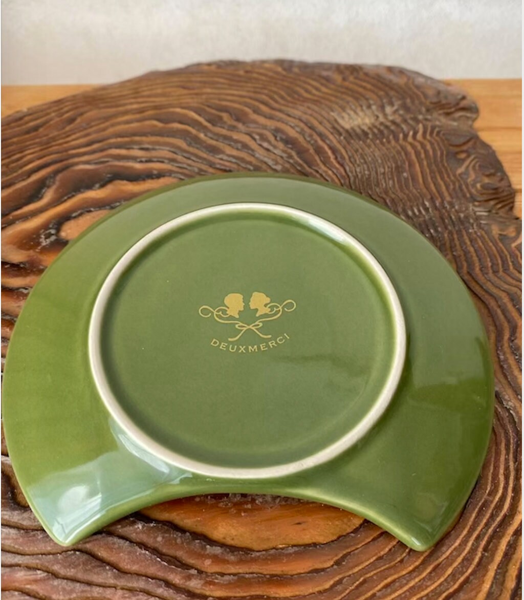 DEUXMERCI, Ceramic Saucer, shape of an ellipse, Quarter Moon, Oval. Seasonal plants design. 5.5" x 4.3" x 0.6"