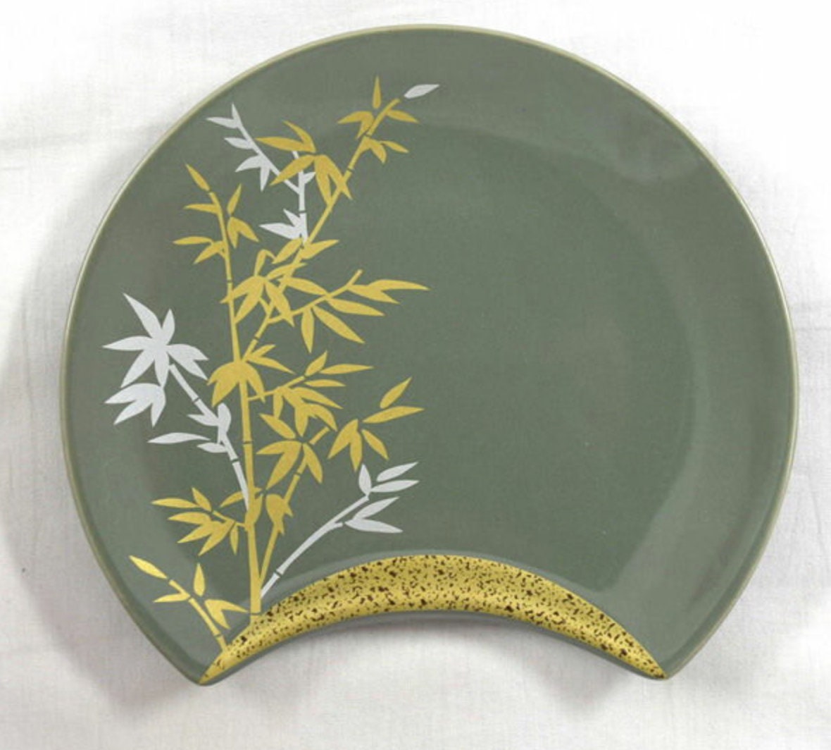 DEUXMERCI, Ceramic Saucer, shape of an ellipse, Quarter Moon, Oval. Seasonal plants design. 5.5" x 4.3" x 0.6"