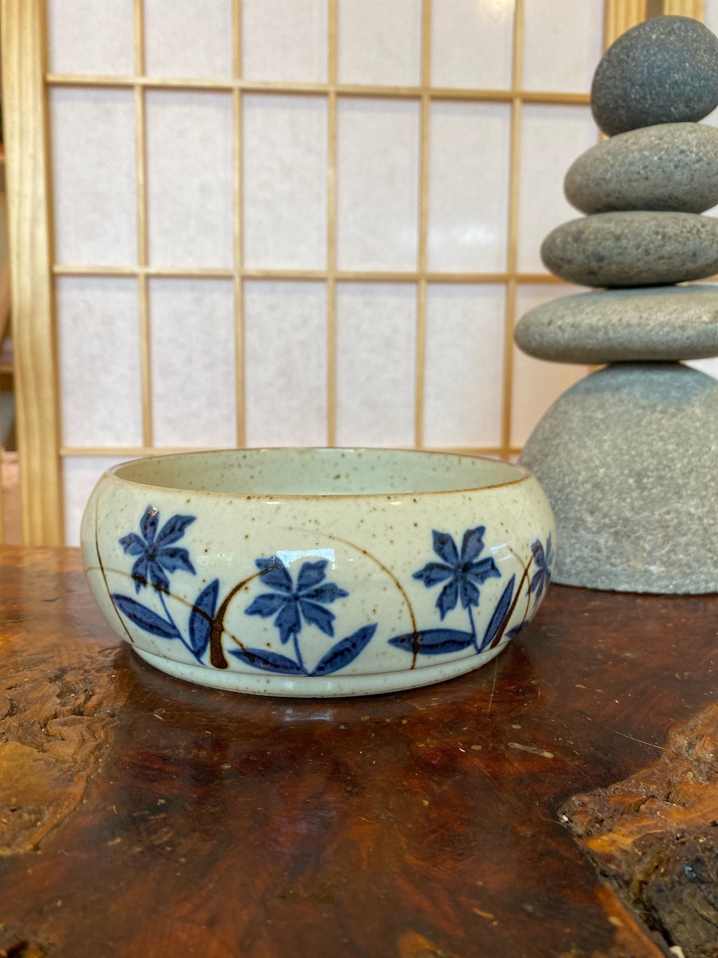 Flower sometsuke 染付, Japanese Ceramic deep Bowl, good for Medium Kokedama. Size: 6" diameter, 2.5 inch height.