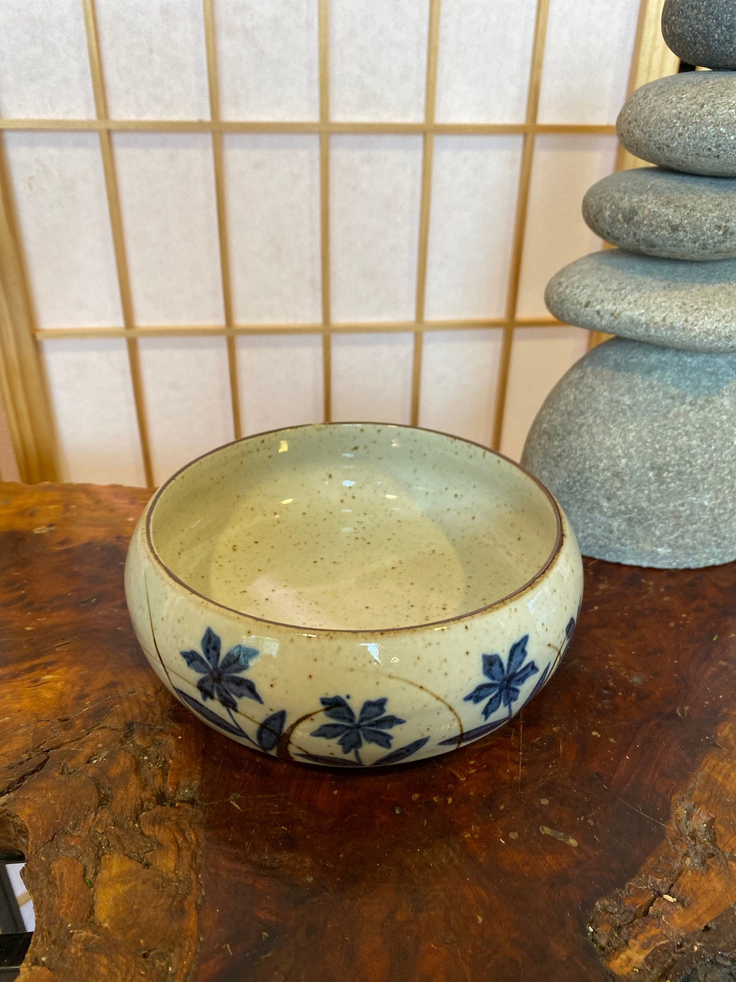 Flower sometsuke 染付, Japanese Ceramic deep Bowl, good for Medium Kokedama. Size: 6" diameter, 2.5 inch height.