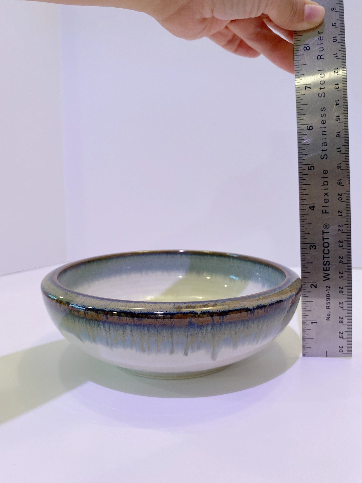 Earthy right blue, saturated streaks of deep blue, white, Wafu Japanese Ceramic deep Bowl, good for Medium Kokedama. Size: 6.75" x 2"