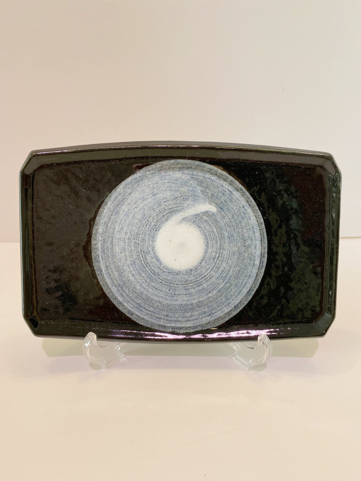 Rectangle Wafu Japanese Ceramic saucer, Black with white swirl round paint or aizome blue, Size: 7.25" x 4.75" x 1"