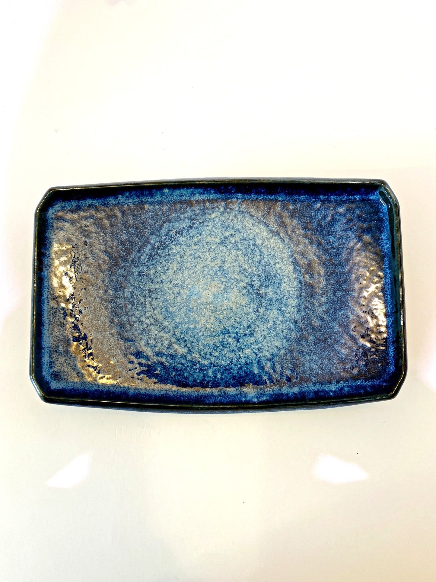 Rectangle Wafu Japanese Ceramic saucer, Black with white swirl round paint or aizome blue, Size: 7.25" x 4.75" x 1"