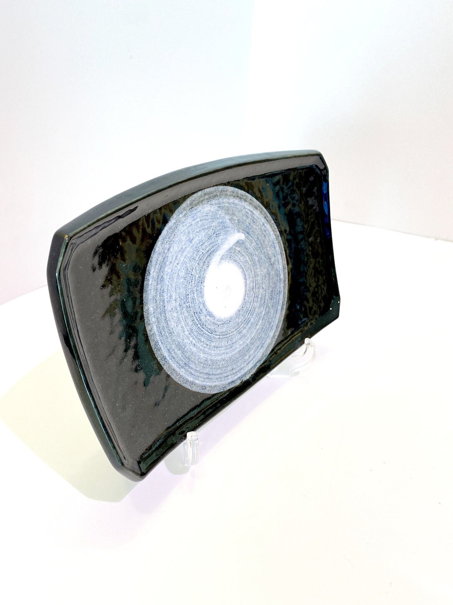 Rectangle Wafu Japanese Ceramic saucer, Black with white swirl round paint or aizome blue, Size: 7.25" x 4.75" x 1"