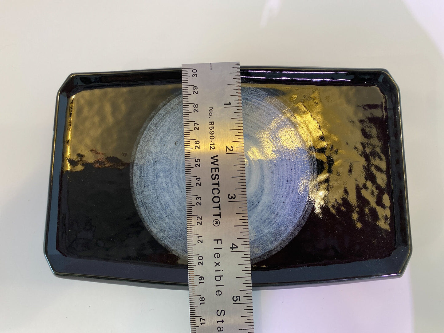 Rectangle Wafu Japanese Ceramic saucer, Black with white swirl round paint or aizome blue, Size: 7.25" x 4.75" x 1"