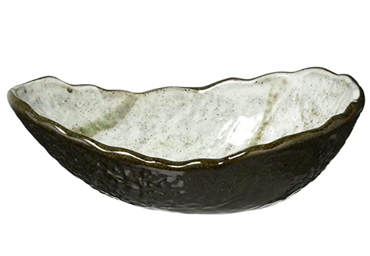 美濃焼 Minoyaki, Japanese Ceramic Saucer with leg, Size 9.84" x 4.72" x 1.57" height, beautiful green grazed with jomon monyou design.