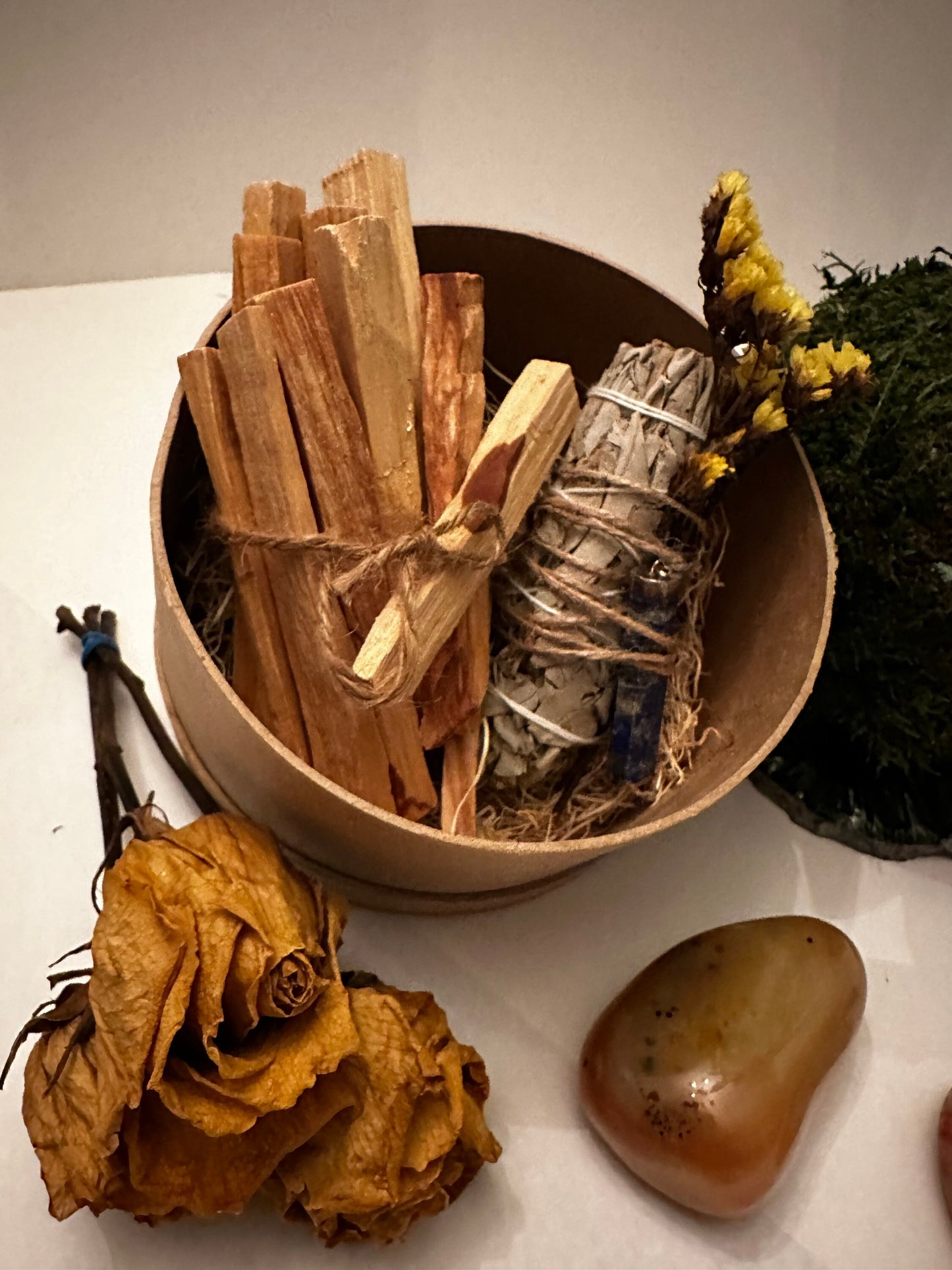 Christmas Gift Bundle! Christmas Cactus arranged Kokedama, healing gem stone, clearing white sage and Santo points wood.
