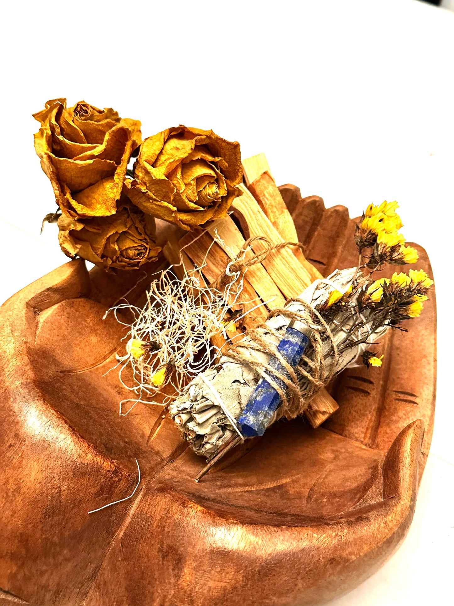 Gift Bundle! Anthurium arranged Kokedama, healing gem stone, clearing white sage and Santo points wood.