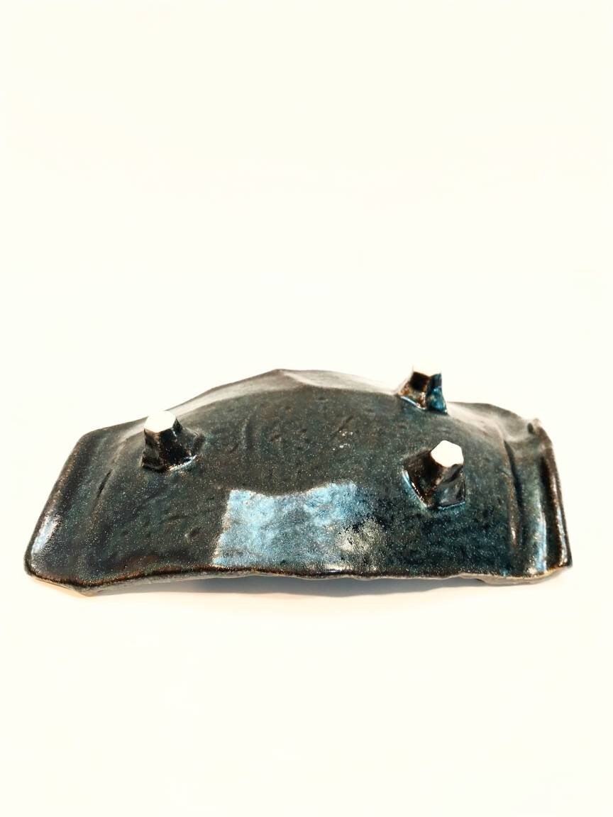 Deep blue grazed Kokedama Saucer with legs, Japanese Ceramic saucer, Wafu, long rectangle