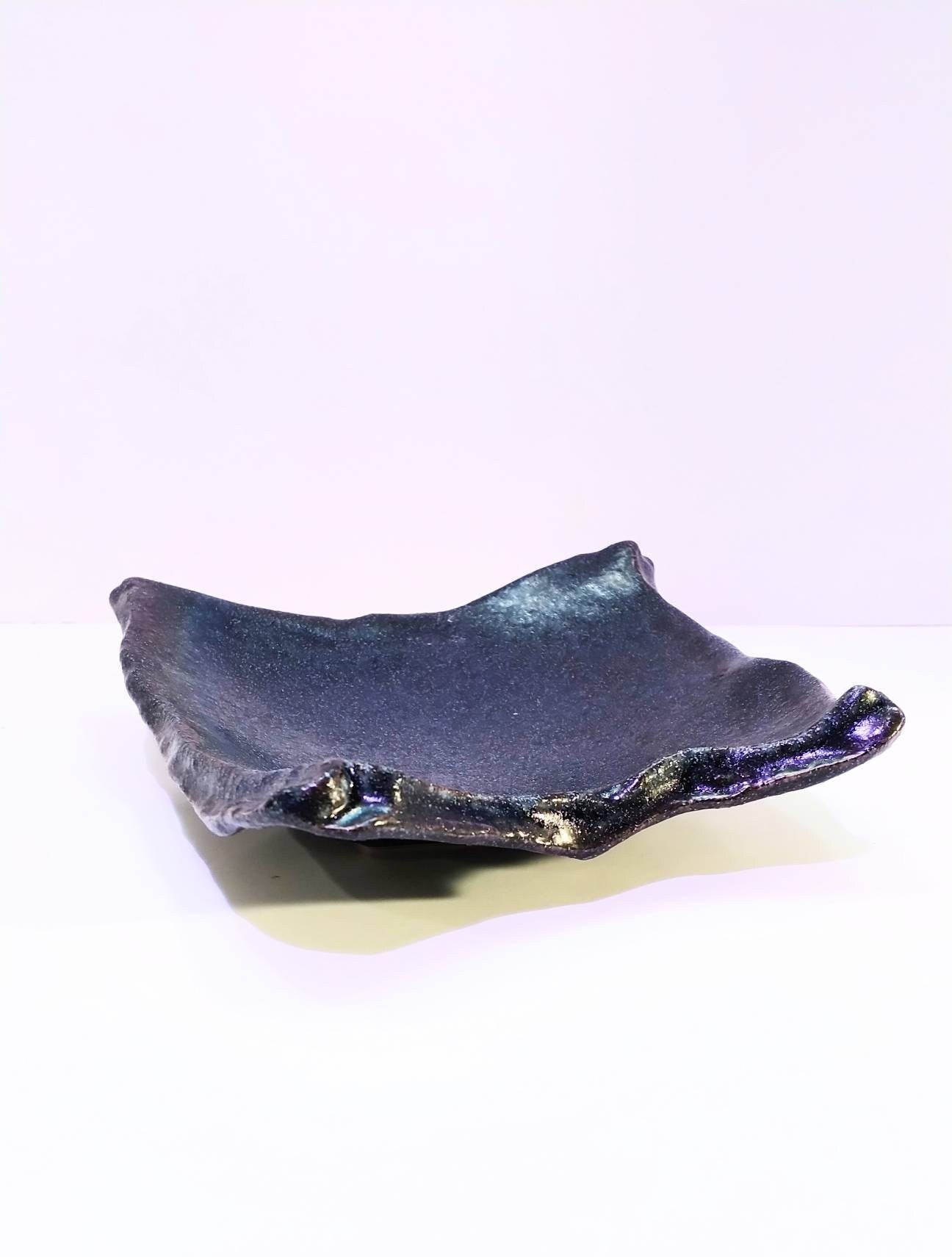 Deep blue grazed Kokedama Saucer with legs, Japanese Ceramic saucer, Wafu, square