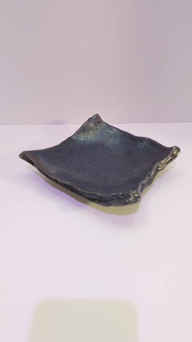 Deep blue grazed Kokedama Saucer with legs, Japanese Ceramic saucer, Wafu, square