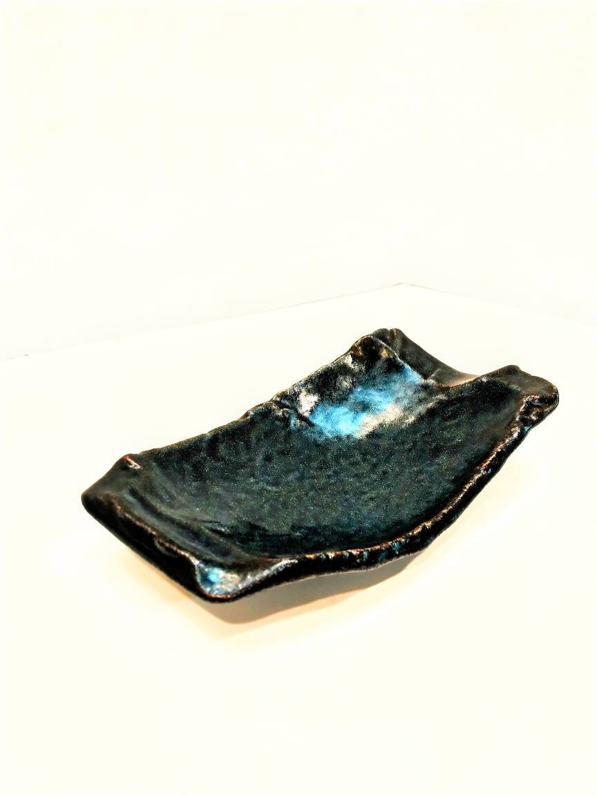 Deep blue grazed Kokedama Saucer with legs, Japanese Ceramic saucer, Wafu, long rectangle