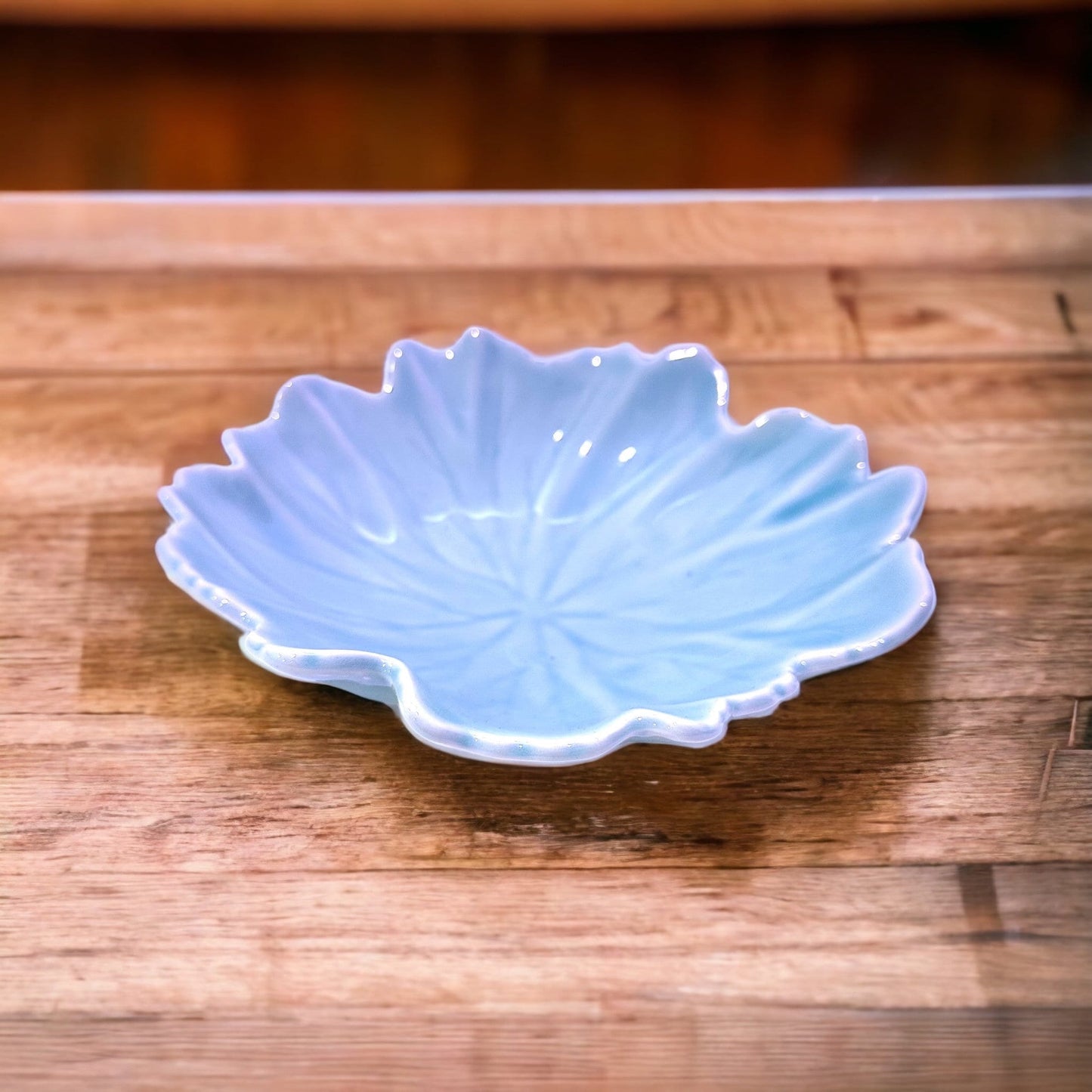 Light green leaf shaped ceramic Saucers for Medium to large Kokedama. 7" diameter, 2" deep.