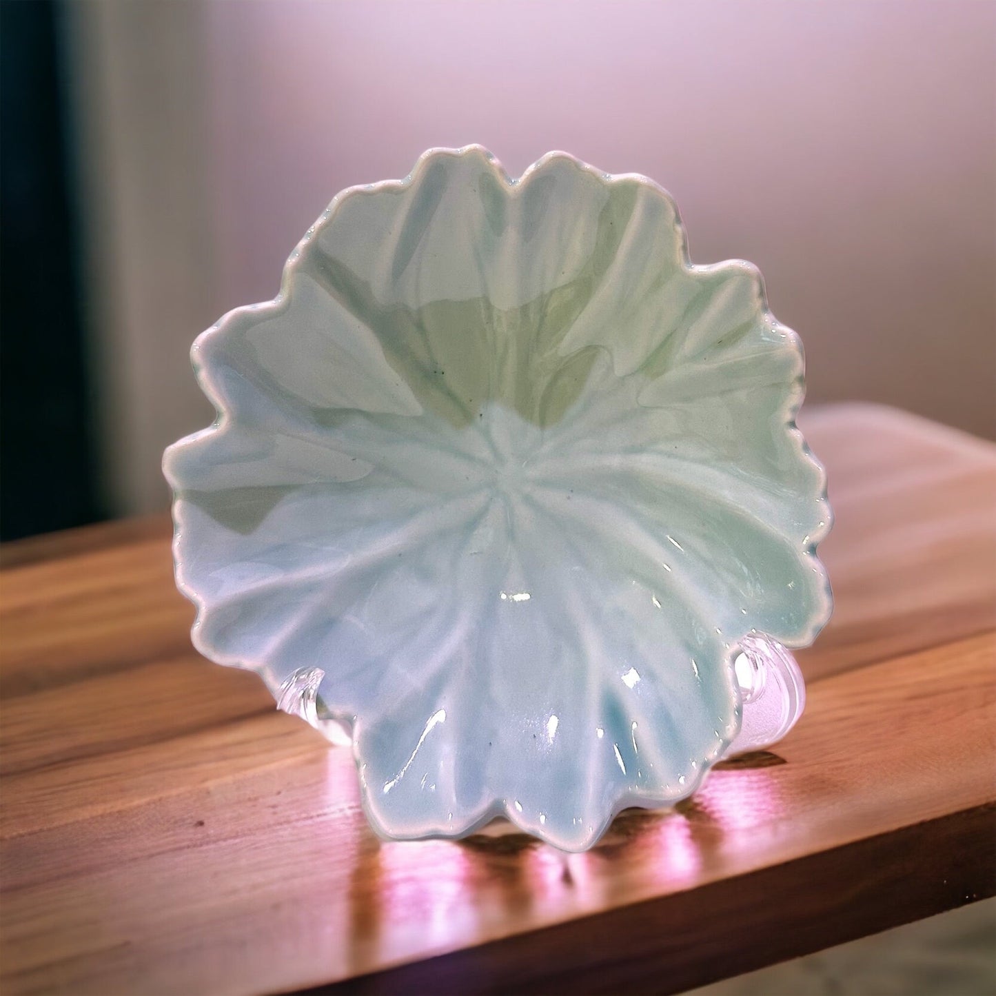 Light green leaf shaped ceramic Saucers for Medium to large Kokedama. 7" diameter, 2" deep.