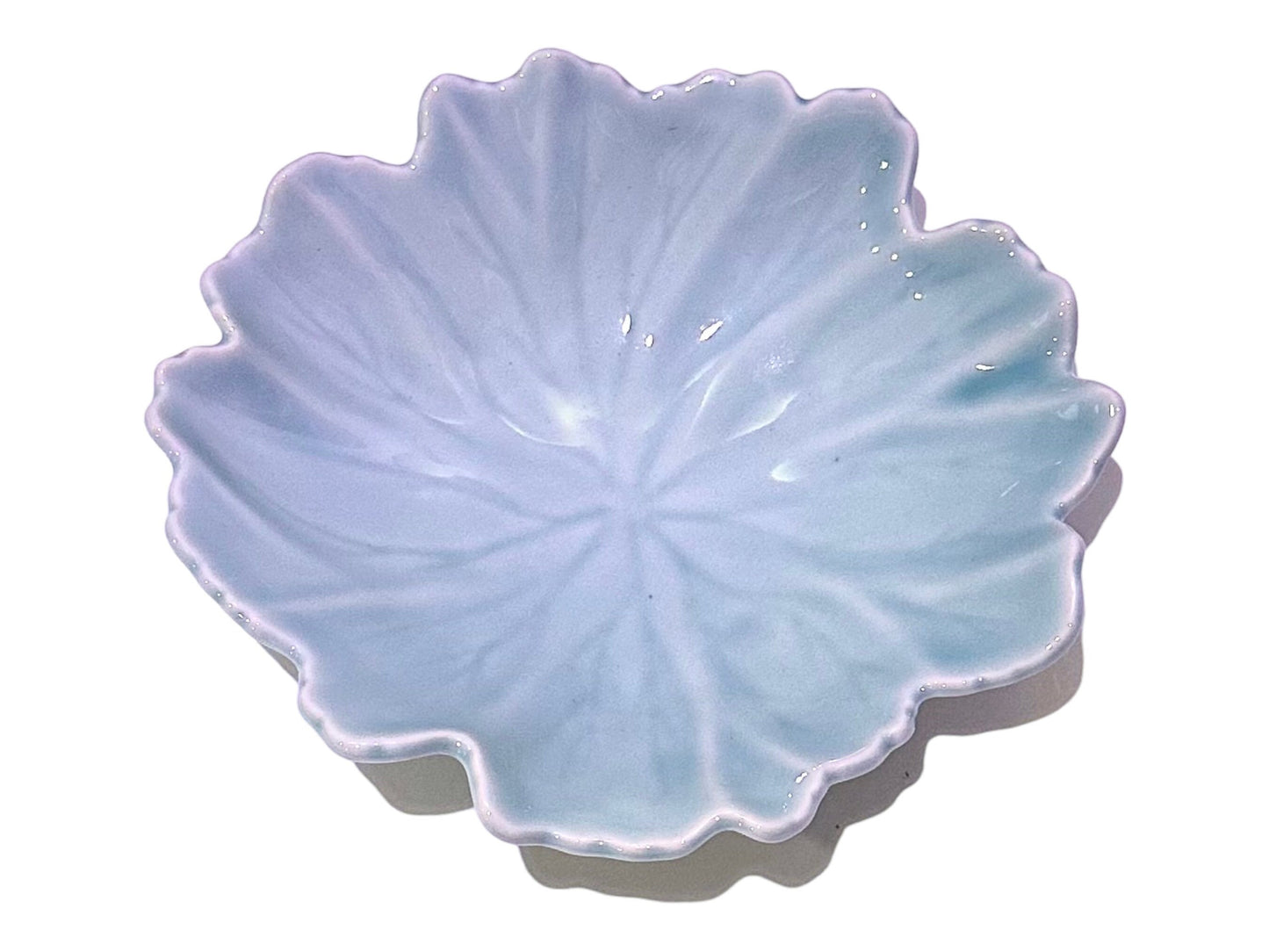 Light green leaf shaped ceramic Saucers for Medium to large Kokedama. 7" diameter, 2" deep.