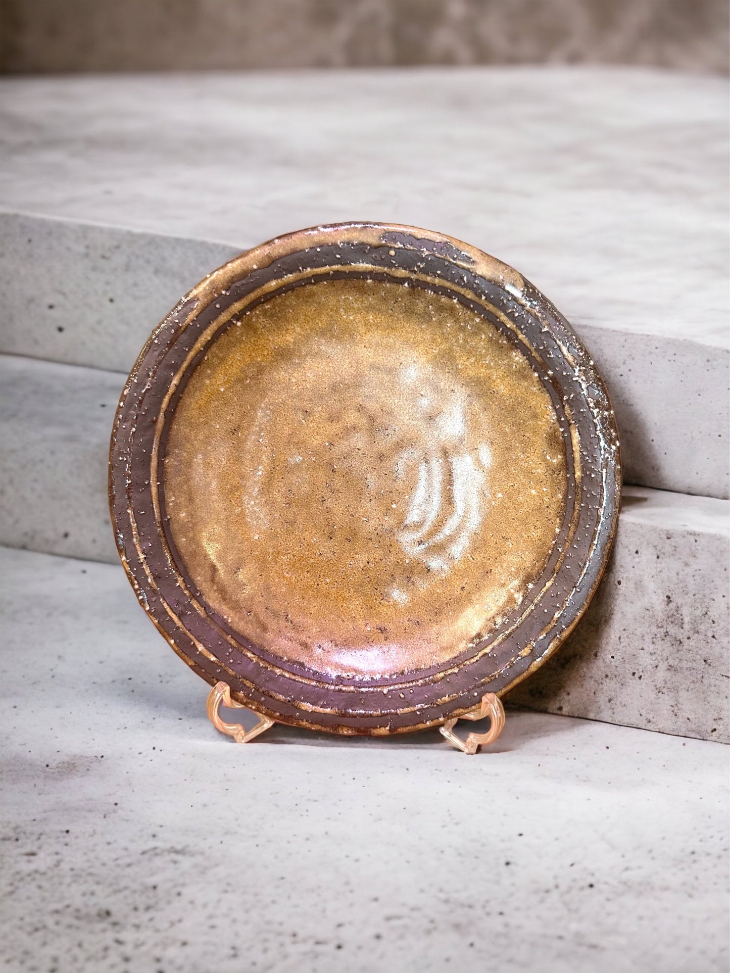 Ocher, Japanese traditional ceramic. Beautiful earth ocher colored with dry brush stroke on the edge with darker earthy brownish color.