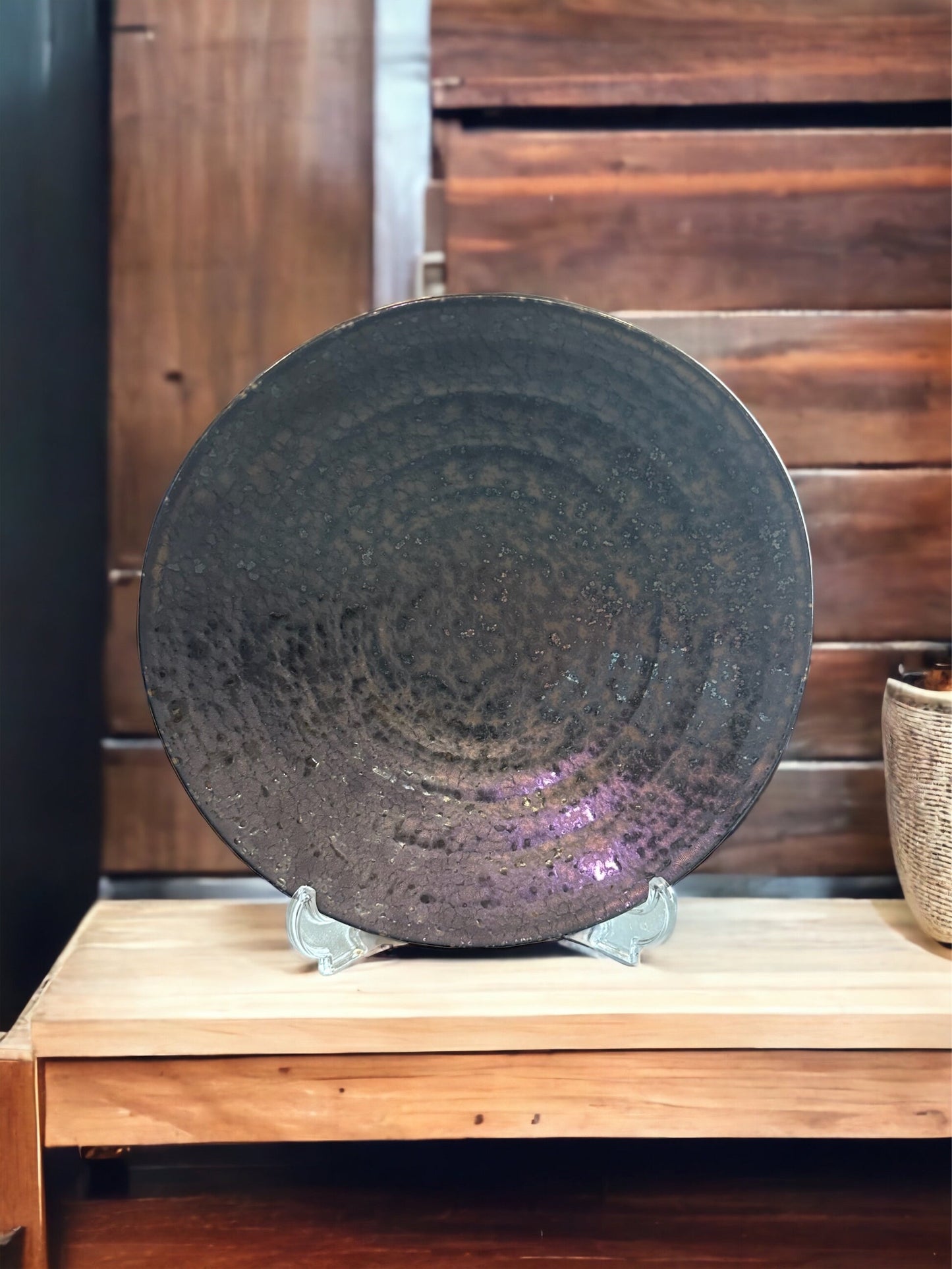 Boat shaped Round black grazed and paint design bowl 7" diameter x 1.5" height for Small to Medium Kokedama CA