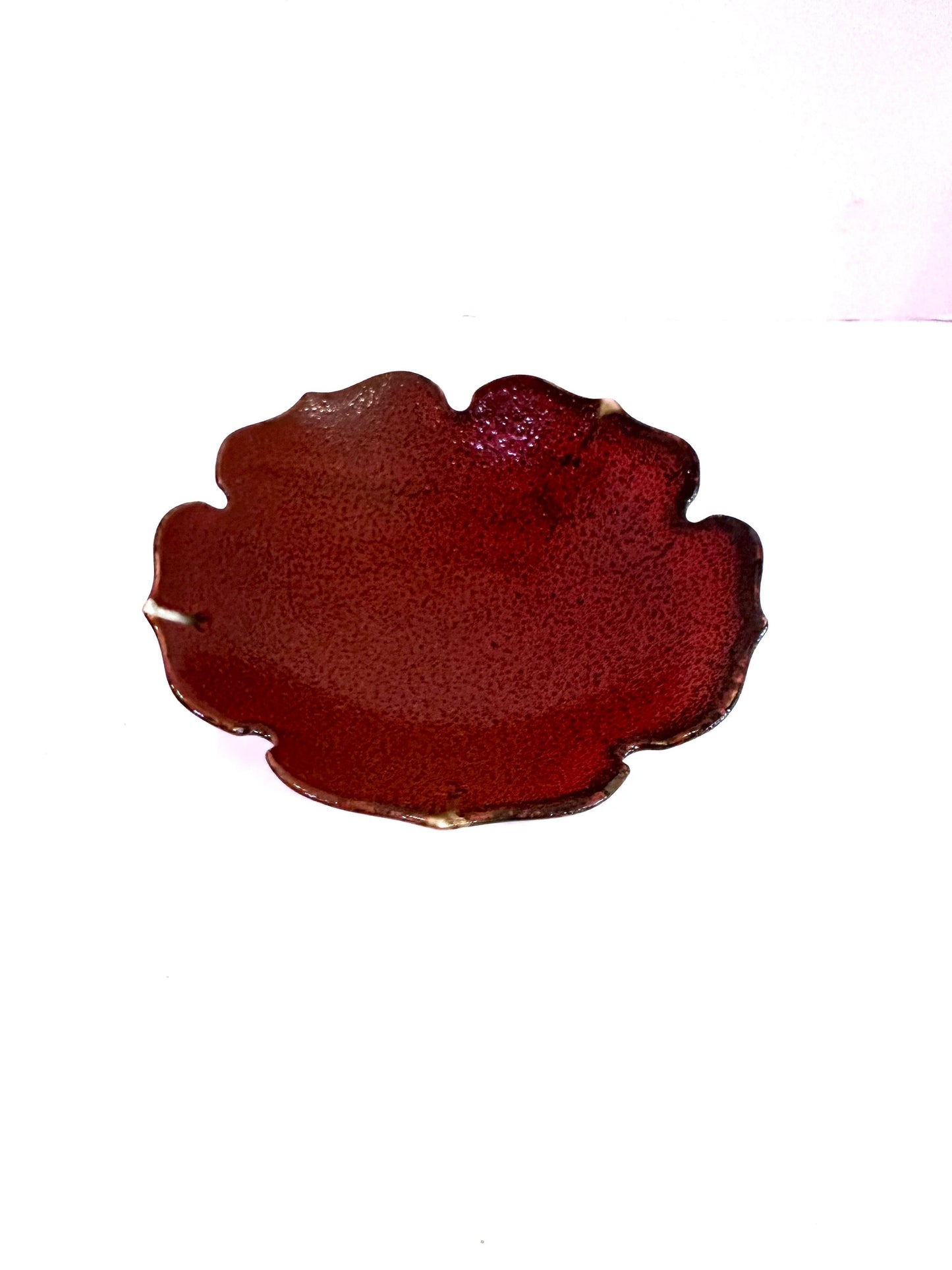 Dark red leaf shaped ceramic Saucers for Medium to large Kokedama. 7" diameter, 2" deep.