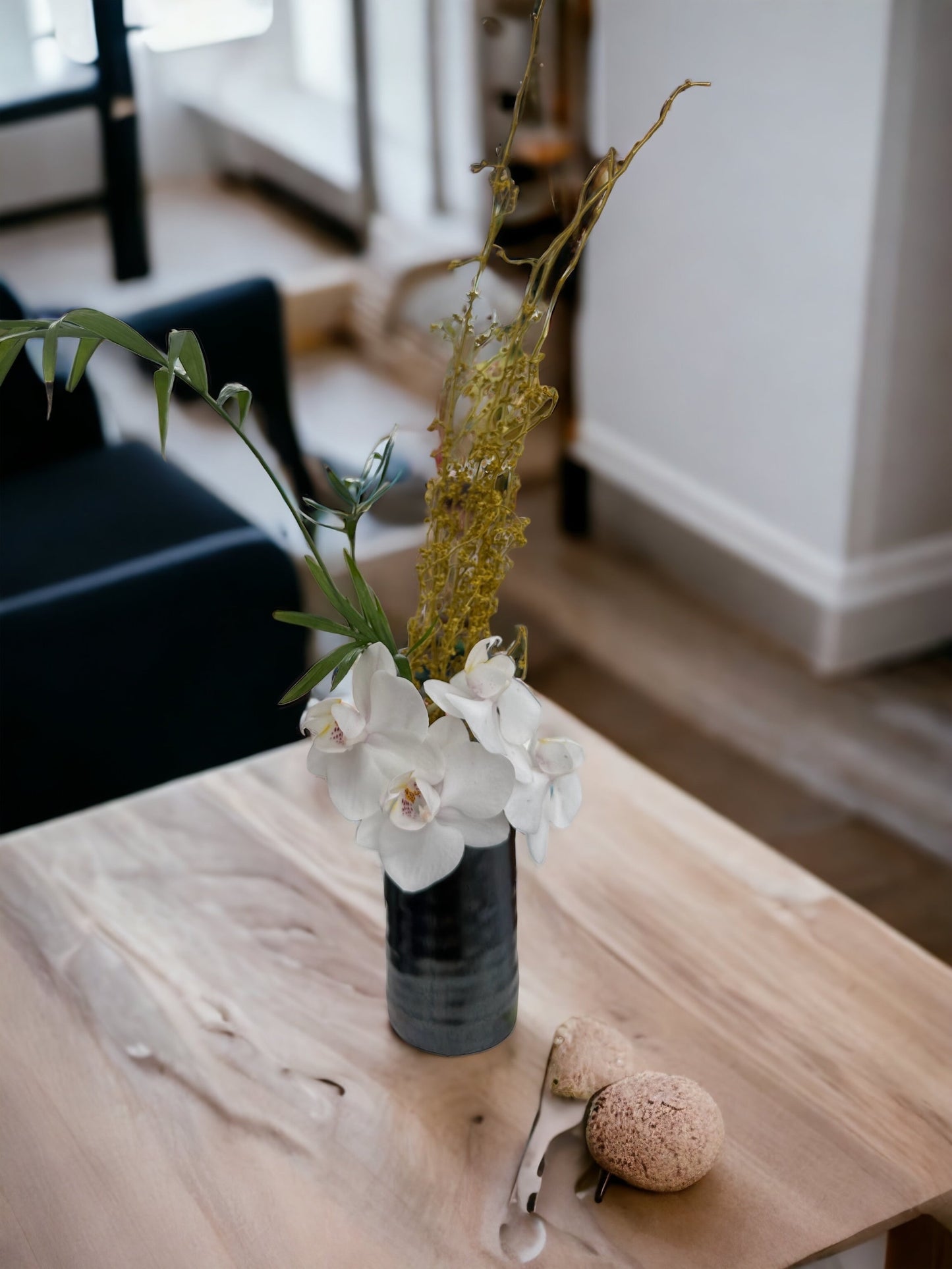 Ichirin zashi flower vase made of porceline , Deep blue with sakura cherry blossom  and momiji Japanese maple drawing