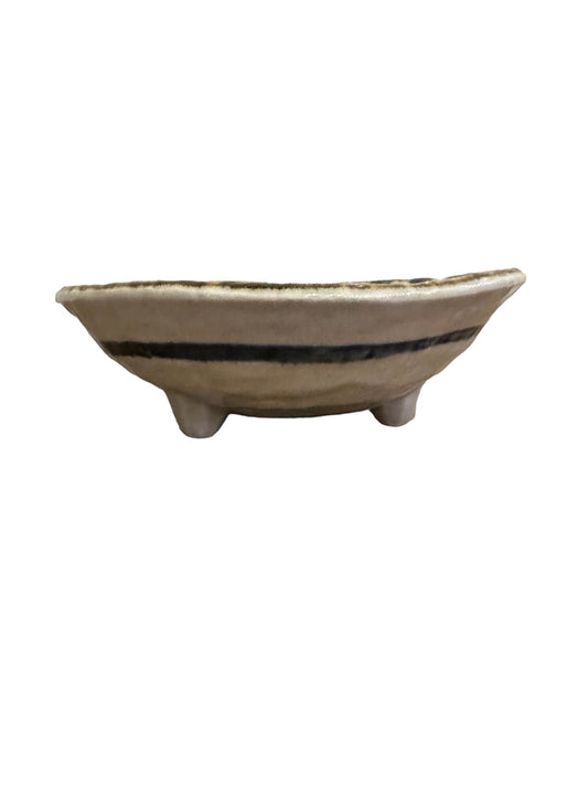 Decorative Japanese Karakusa design saucer for Kokedama 6" x 2" H Indigo blue paint blush and charcoal brown rim color design.