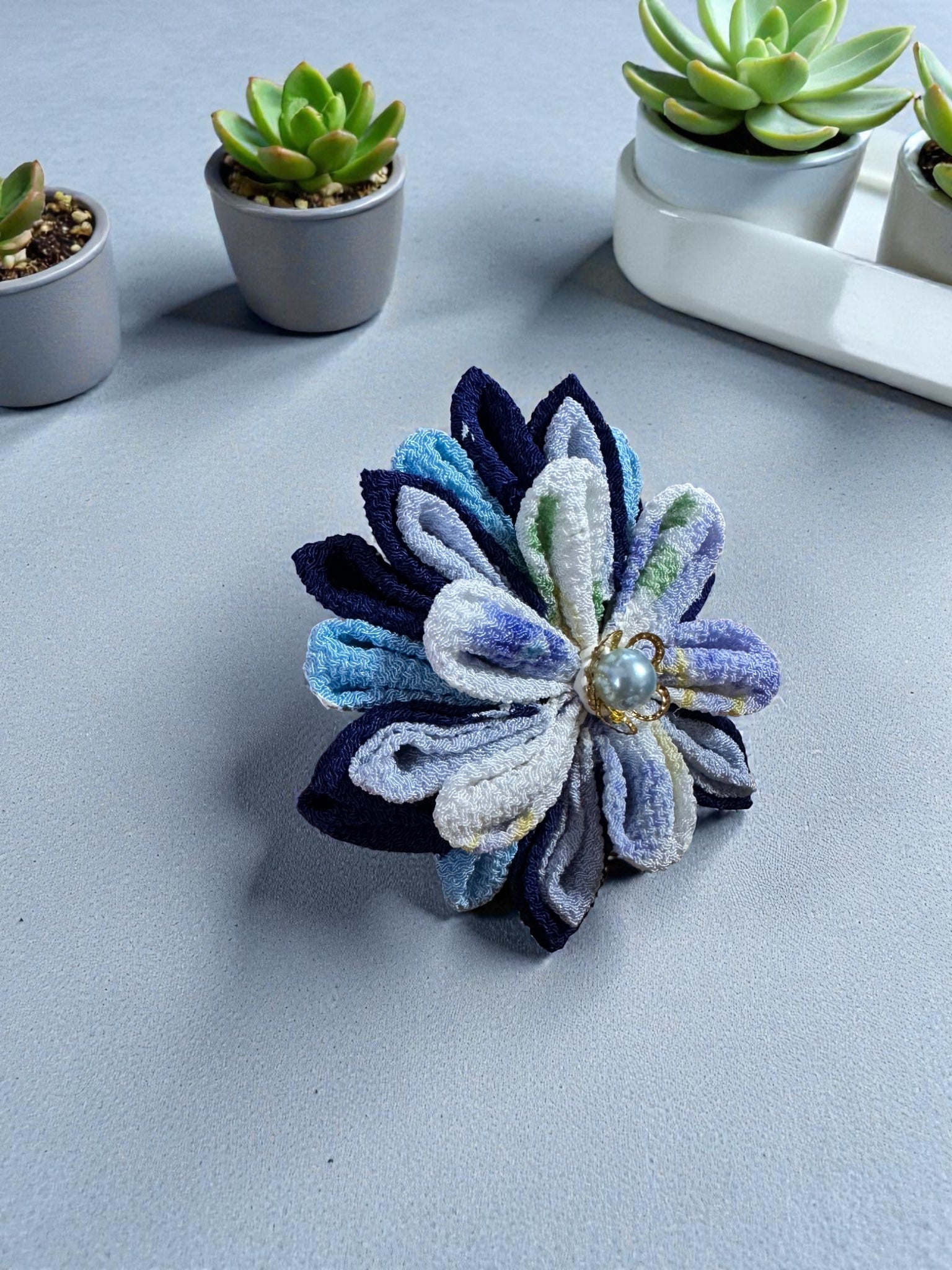Azure Blossom – Tsumami Zaiku Dual Clip & Brooch – Kodama Forest