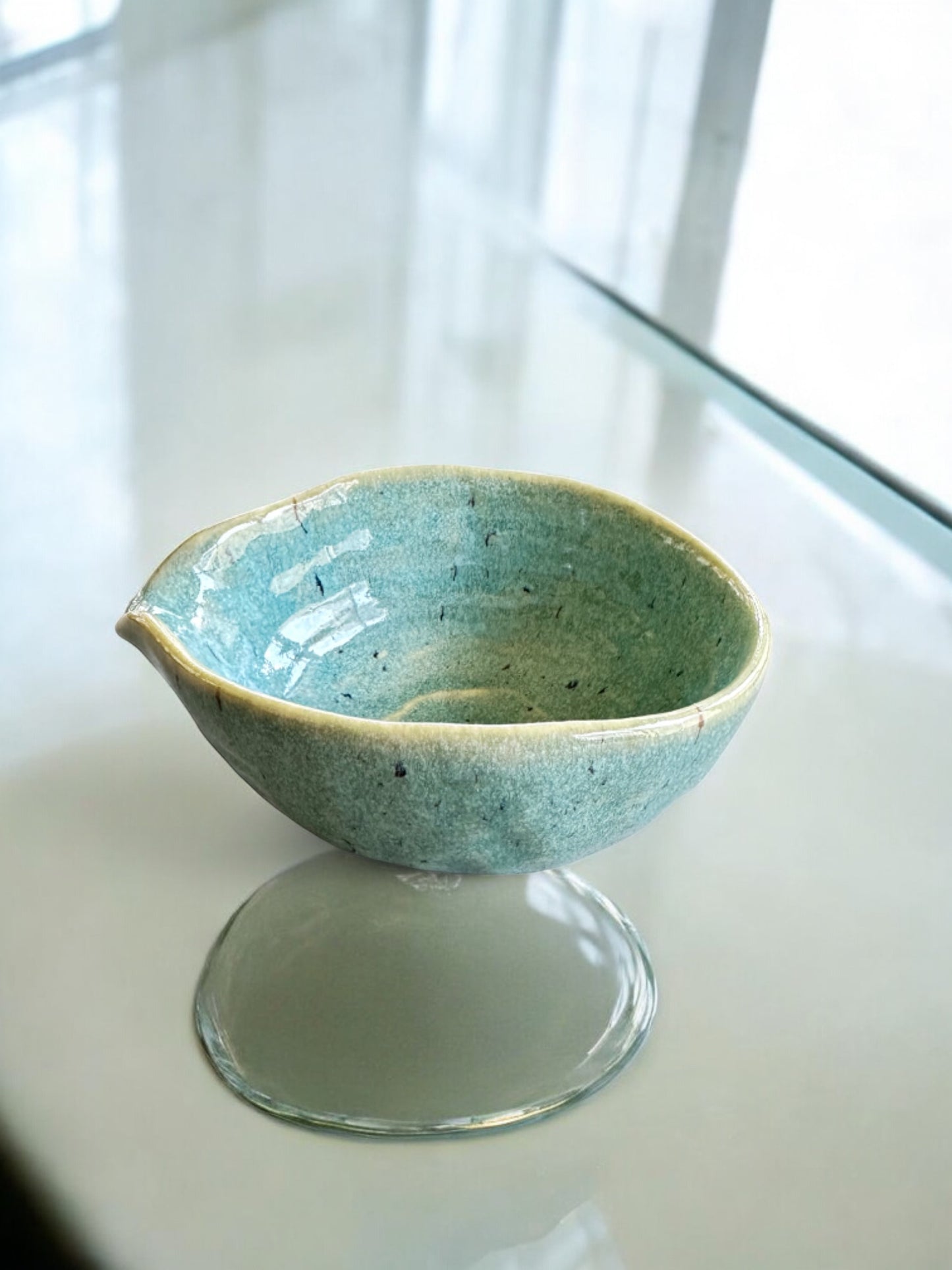 Soft Aqua color, Japanese ceramic bowl, Hand-formed / Wabi-sabi style, Natural, rustic and earthy glazes. 6" x 4.5" x 2.25"h 変形