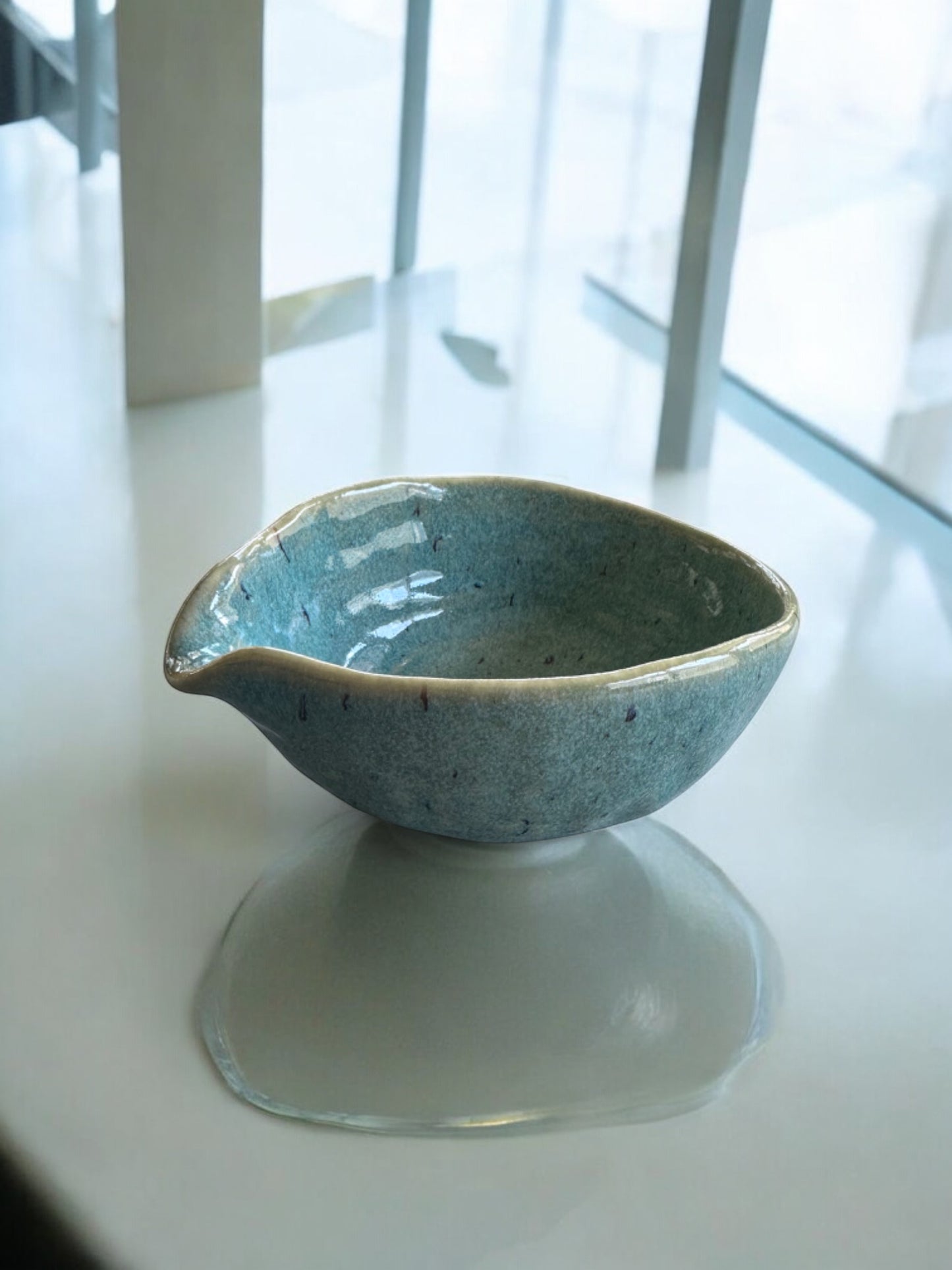 Soft Aqua color, Japanese ceramic bowl, Hand-formed / Wabi-sabi style, Natural, rustic and earthy glazes. 6" x 4.5" x 2.25"h 変形