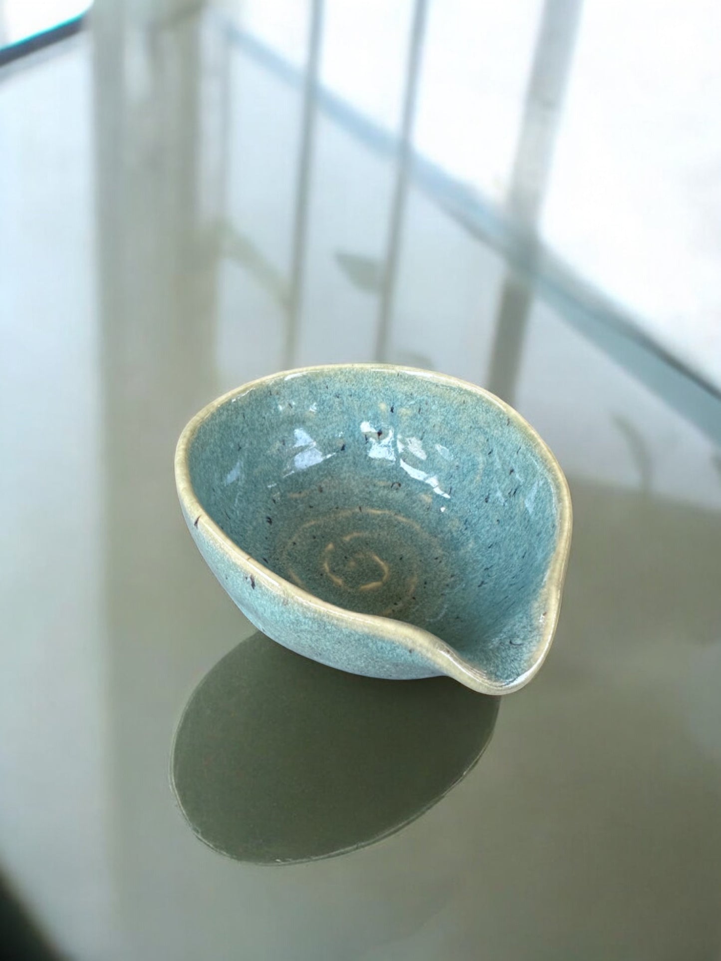 Soft Aqua color, Japanese ceramic bowl, Hand-formed / Wabi-sabi style, Natural, rustic and earthy glazes. 6" x 4.5" x 2.25"h 変形