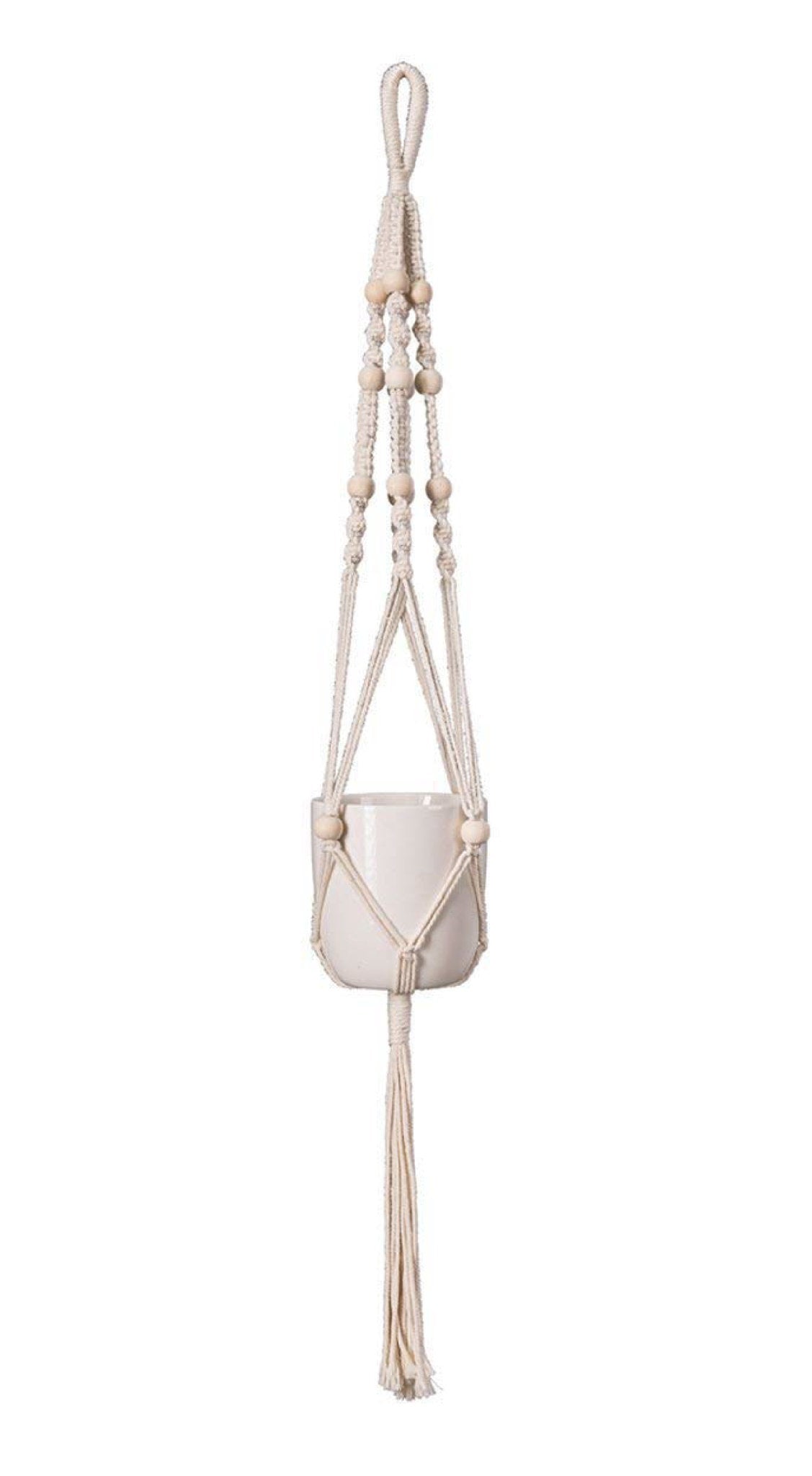 White Beaded Macrame Plant Hanger for Kokedama