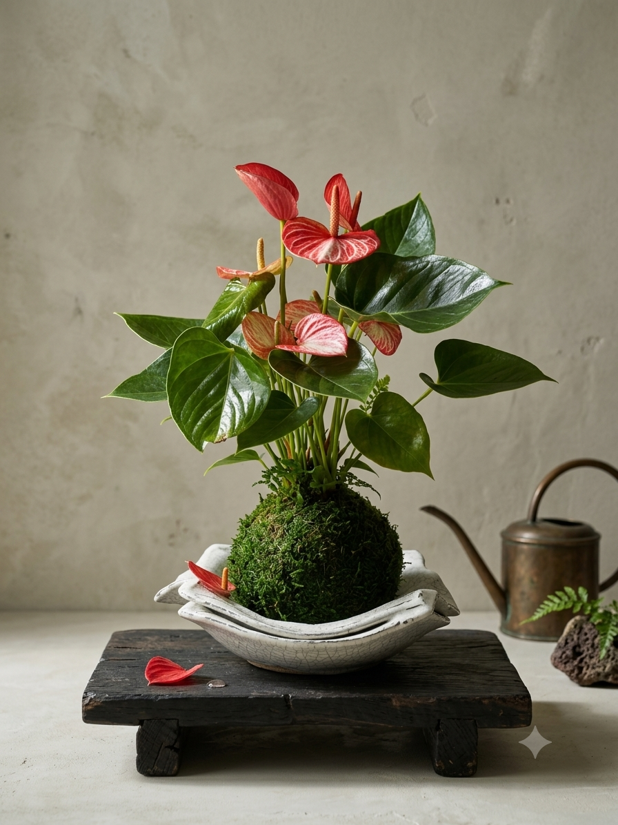 Verigated red-pink-white Anthurium and Fern arranged kokedama -- Bonsai Moss ball -  house decor with Japanese technique plants!